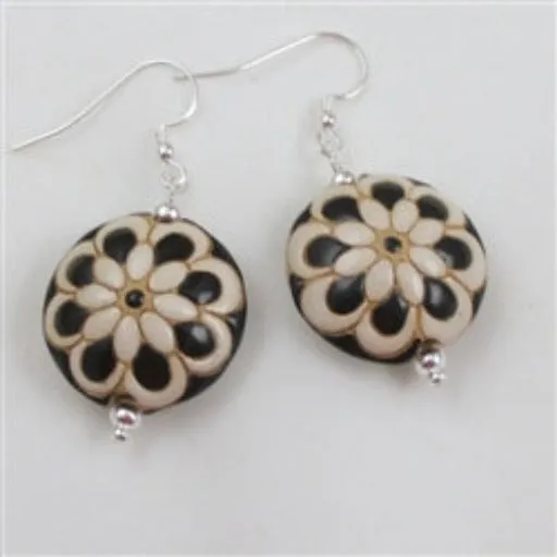 Handmade Black & Cream Flower Drop Earrings