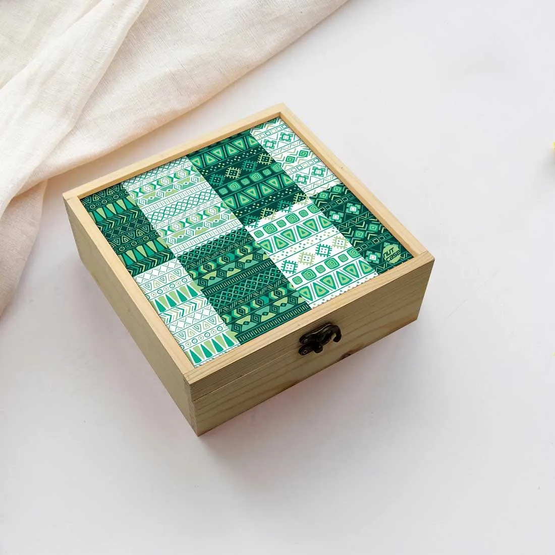 Jewellery Box Makepup Organizer -  Aztec Pattern Green