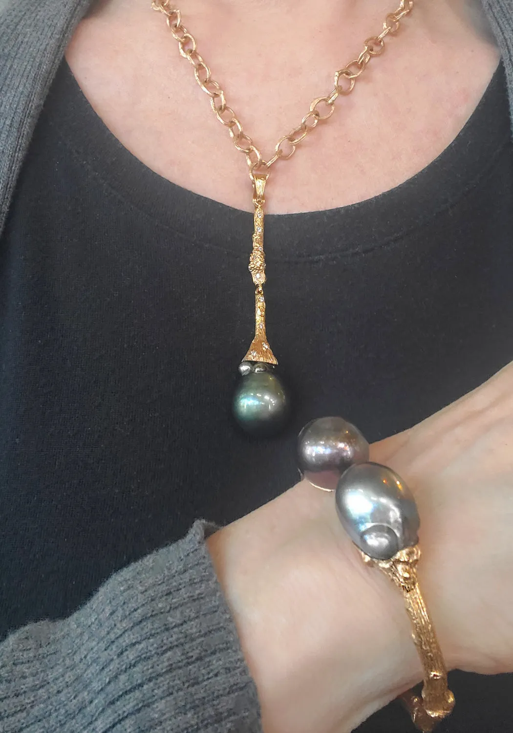 K. Brunini 18KRG Long Tahitian Pearl Twig Enhancer