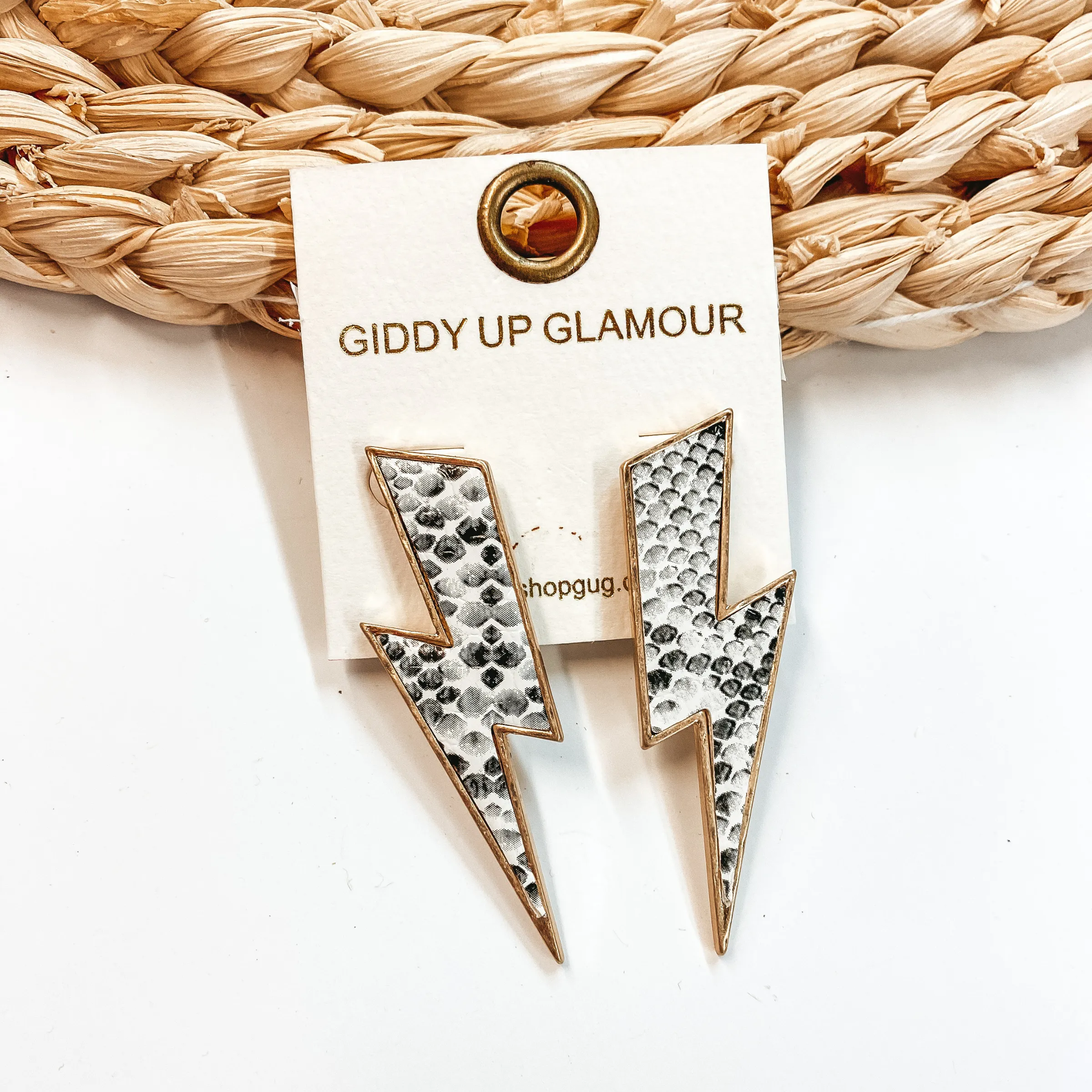 Lightning Bolt Earrings With Gold Outline in Black and White Snake