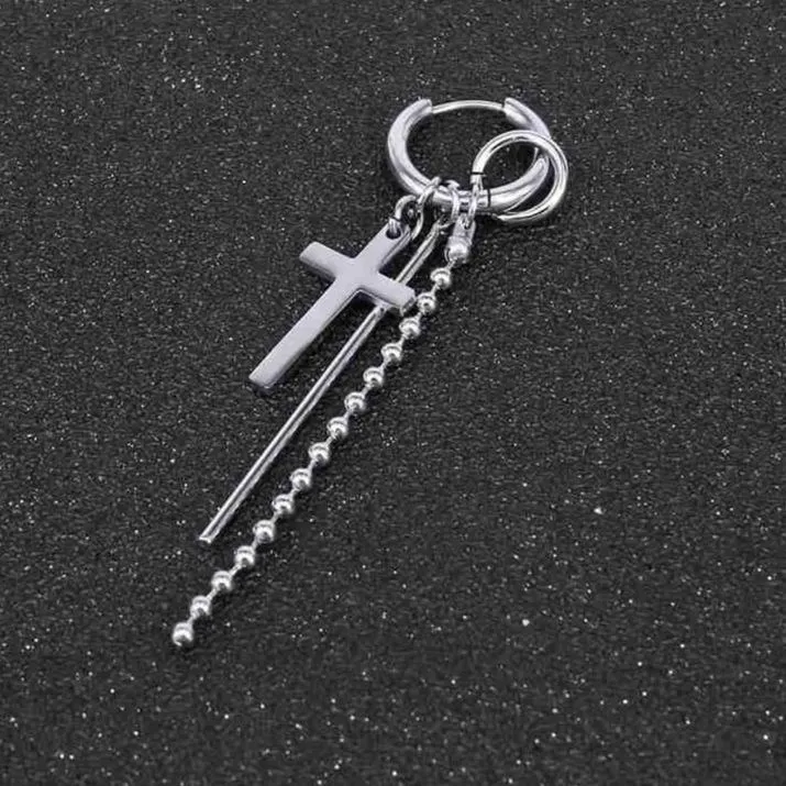 Long Silver Plated Cross Hoop Earrings in Two Colors