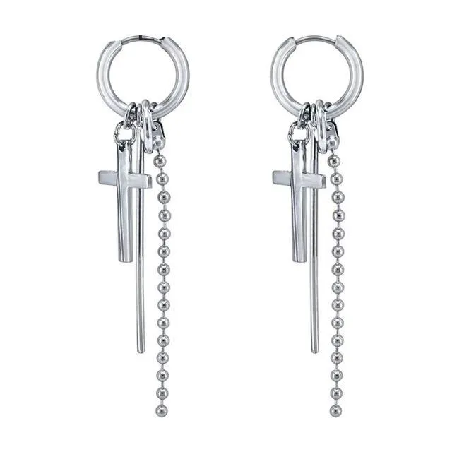 Long Silver Plated Cross Hoop Earrings in Two Colors