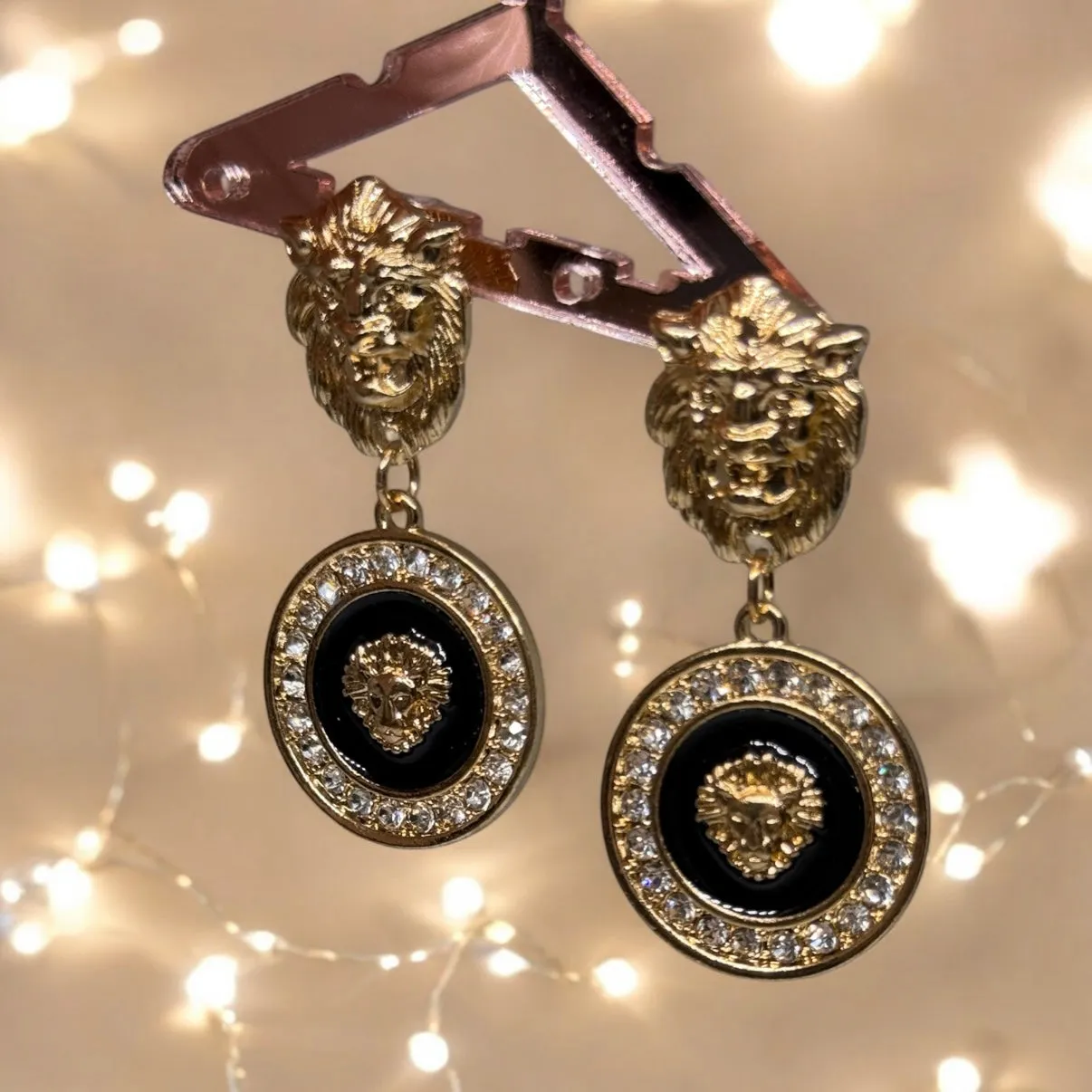 Lux - Gold and black rhinestone earrings | Lion head earrings | korean earrings | baroque style earrings| Medallion shaped dangle earrings