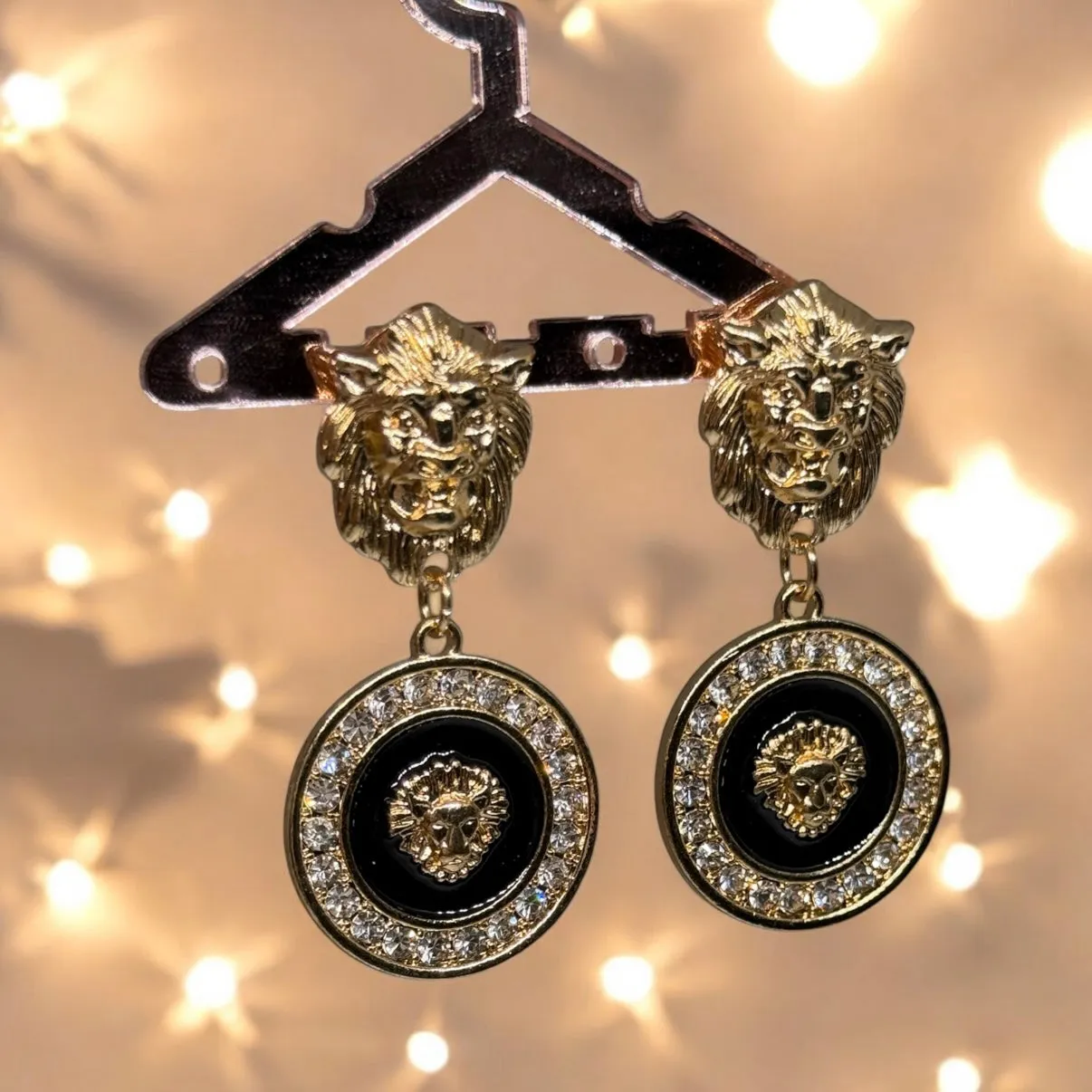 Lux - Gold and black rhinestone earrings | Lion head earrings | korean earrings | baroque style earrings| Medallion shaped dangle earrings