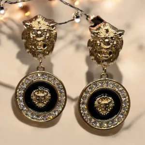 Lux - Gold and black rhinestone earrings | Lion head earrings | korean earrings | baroque style earrings| Medallion shaped dangle earrings