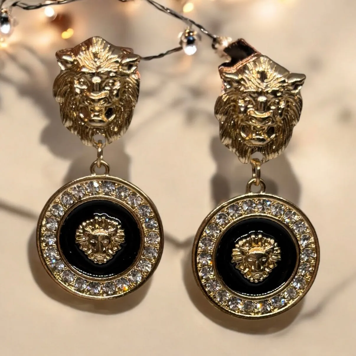 Lux - Gold and black rhinestone earrings | Lion head earrings | korean earrings | baroque style earrings| Medallion shaped dangle earrings