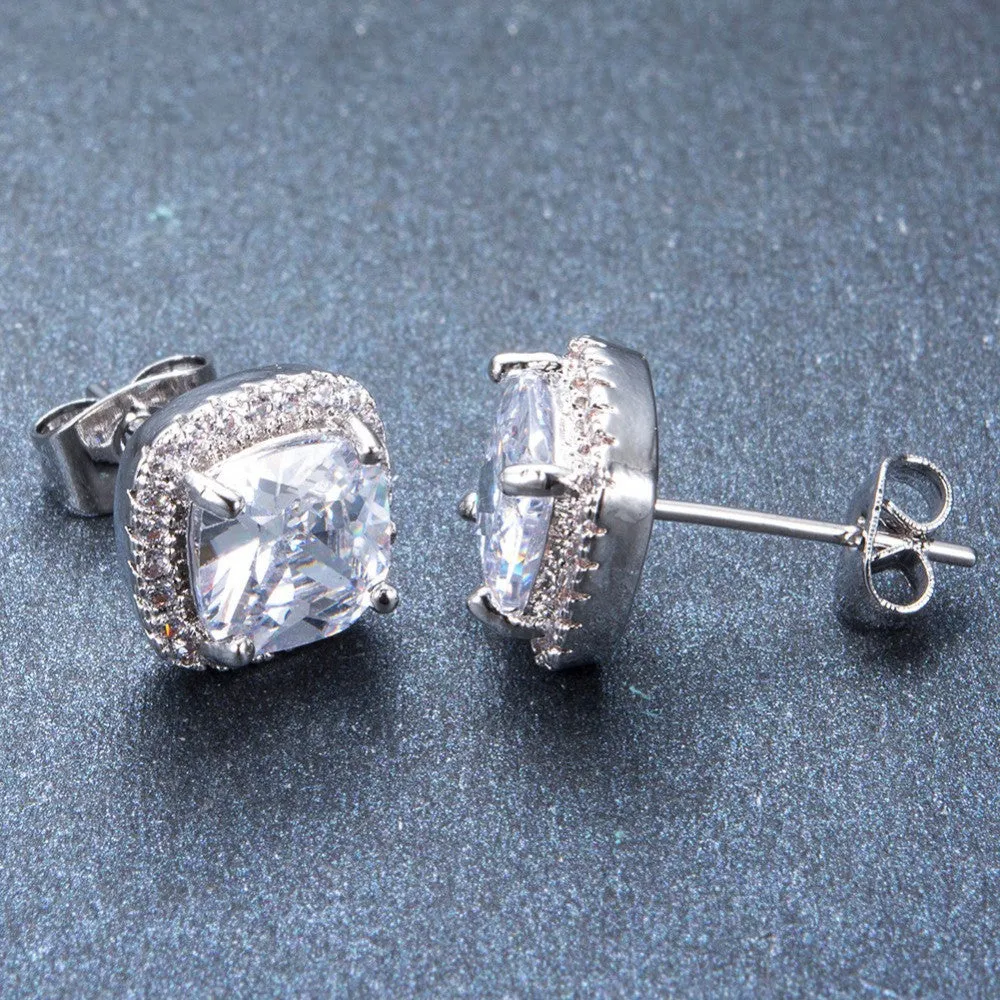 Luxury Female White Square Stud Earring Fashion 925 Sterling Silver Filled Double Earrings For Women New Year Gifts