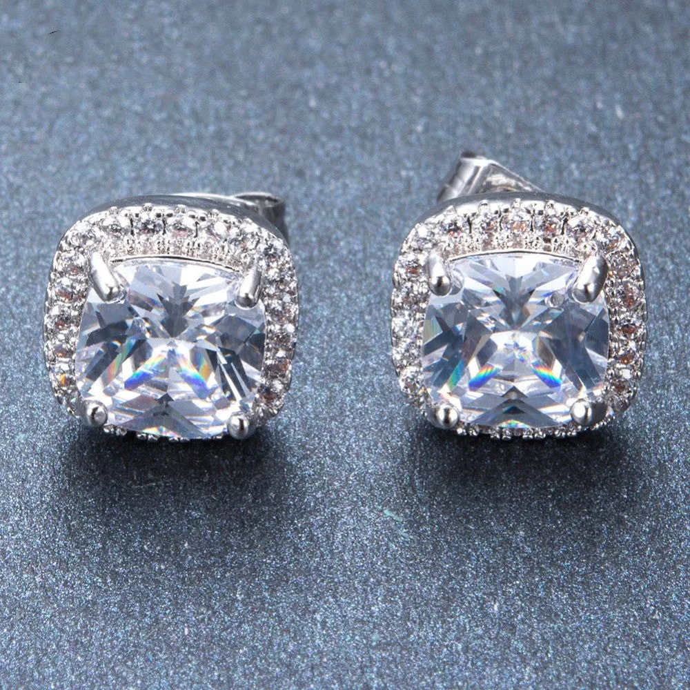 Luxury Female White Square Stud Earring Fashion 925 Sterling Silver Filled Double Earrings For Women New Year Gifts