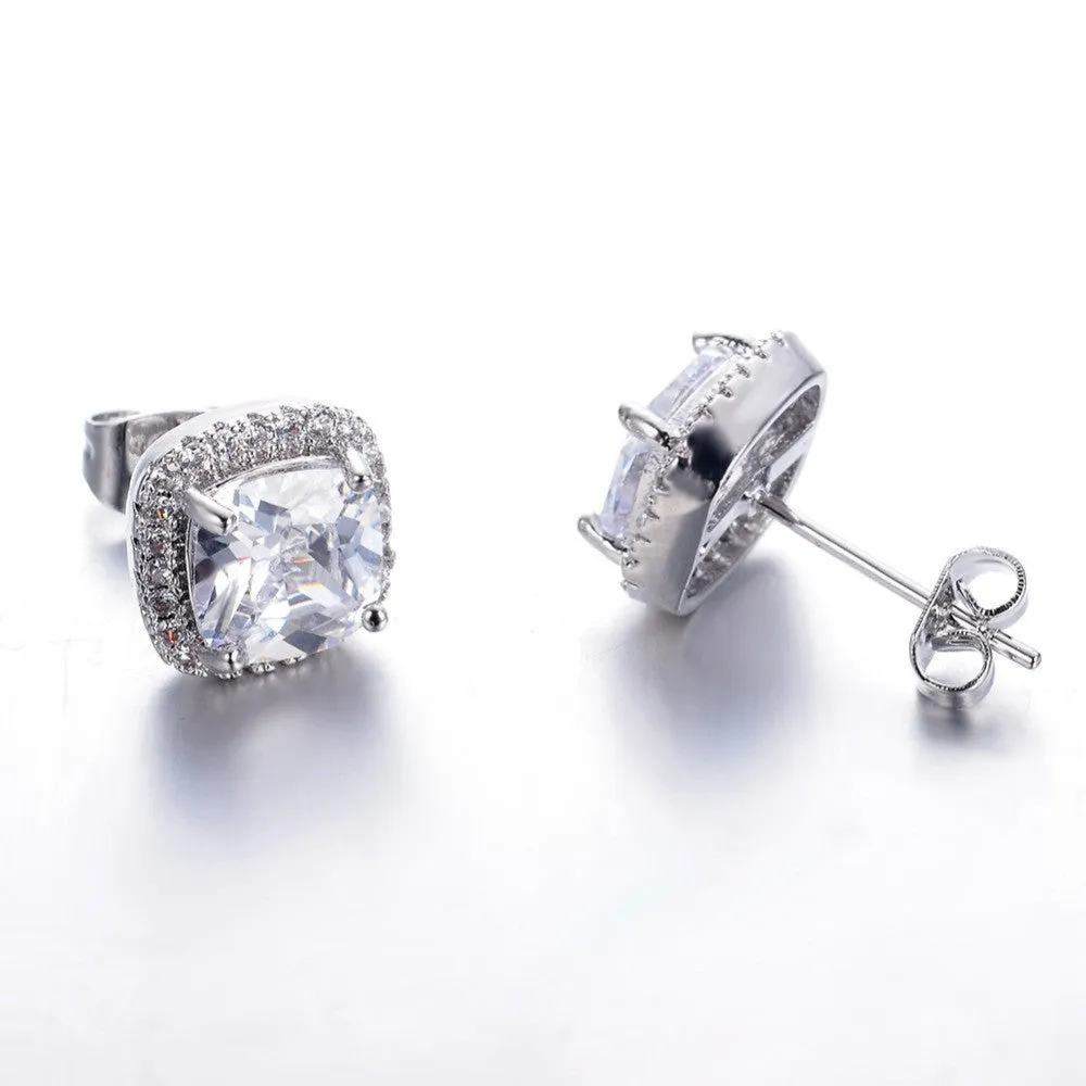 Luxury Female White Square Stud Earring Fashion 925 Sterling Silver Filled Double Earrings For Women New Year Gifts