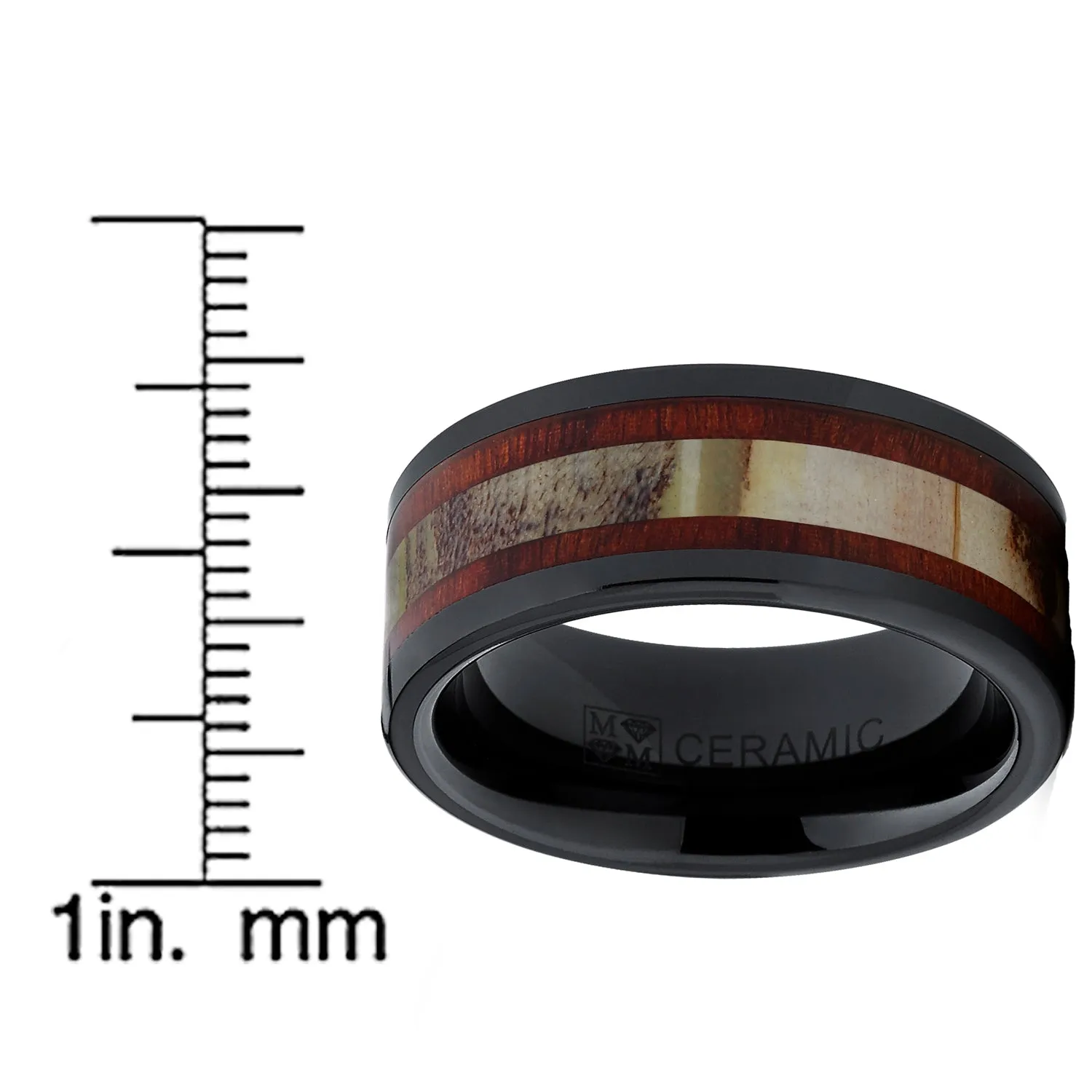 Men's Black Ceramic Ring Wedding Band with Real Antler and Koa Wood Inlay, Outdoor Hunting, Comfort Fit