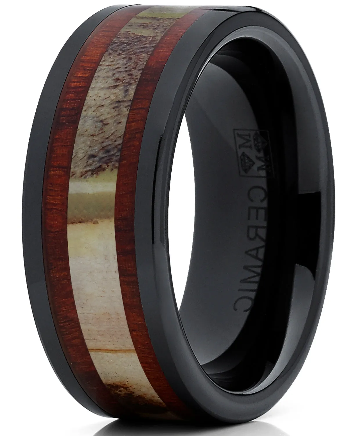 Men's Black Ceramic Ring Wedding Band with Real Antler and Koa Wood Inlay, Outdoor Hunting, Comfort Fit