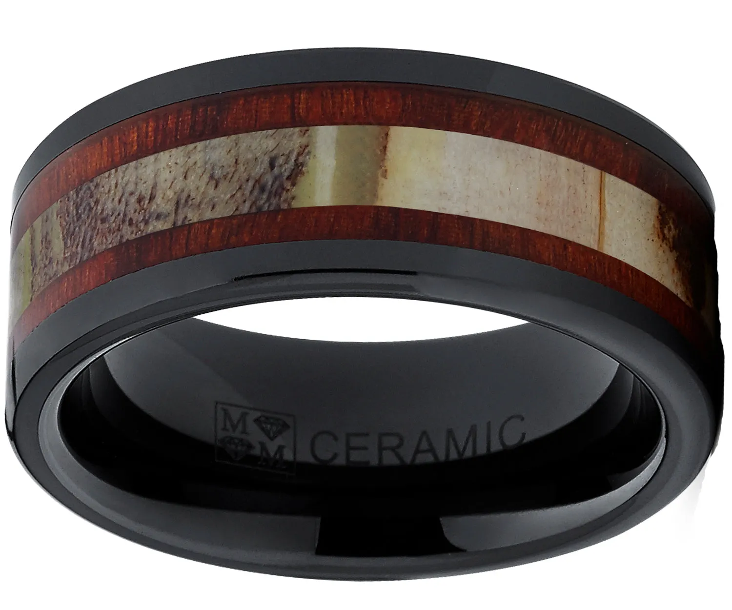 Men's Black Ceramic Ring Wedding Band with Real Antler and Koa Wood Inlay, Outdoor Hunting, Comfort Fit