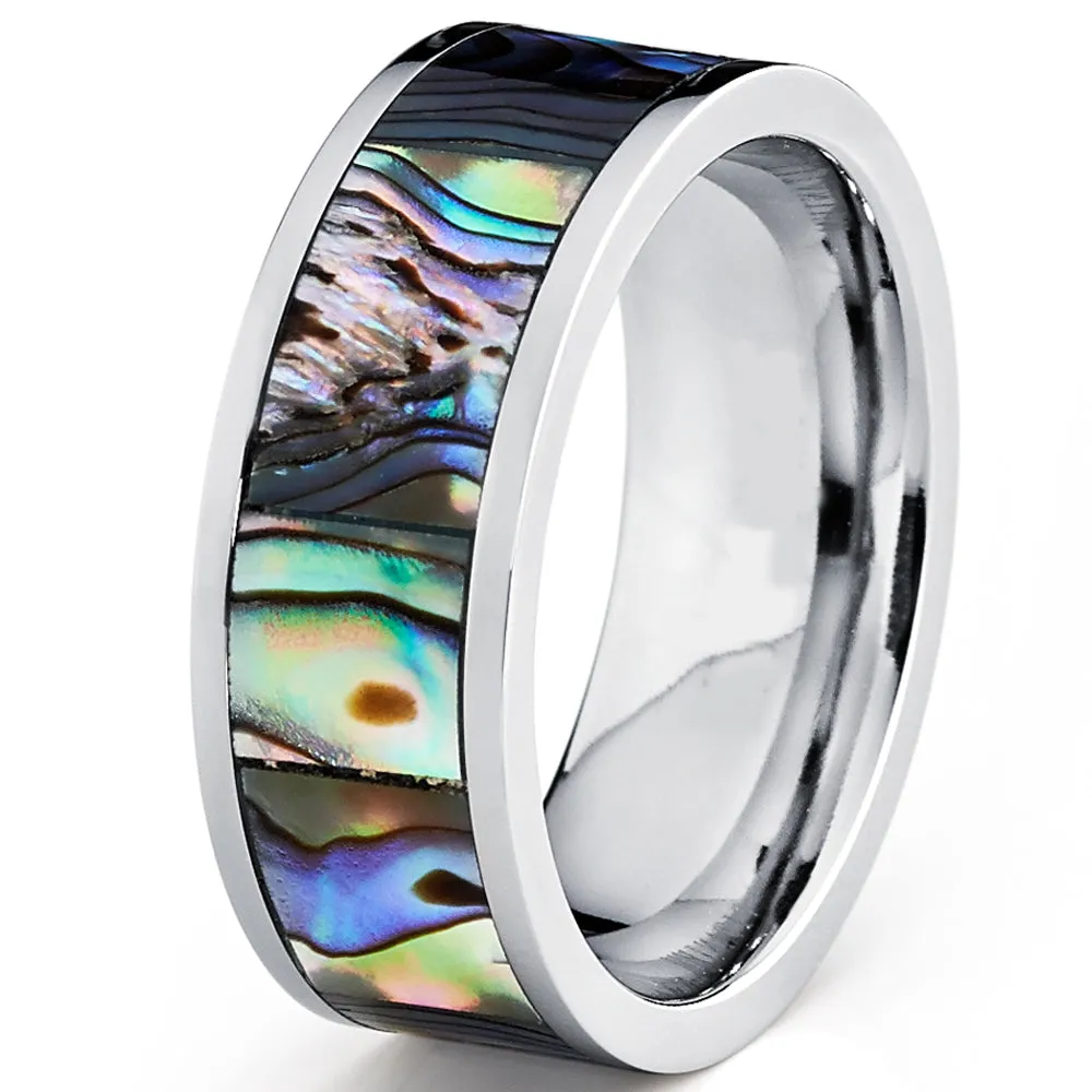 Men's Pipe Cut Titanium Ring Band With Rainbow Rippled Abalone Inlay, Comfort Fit 8mm Sizes 7 to 12