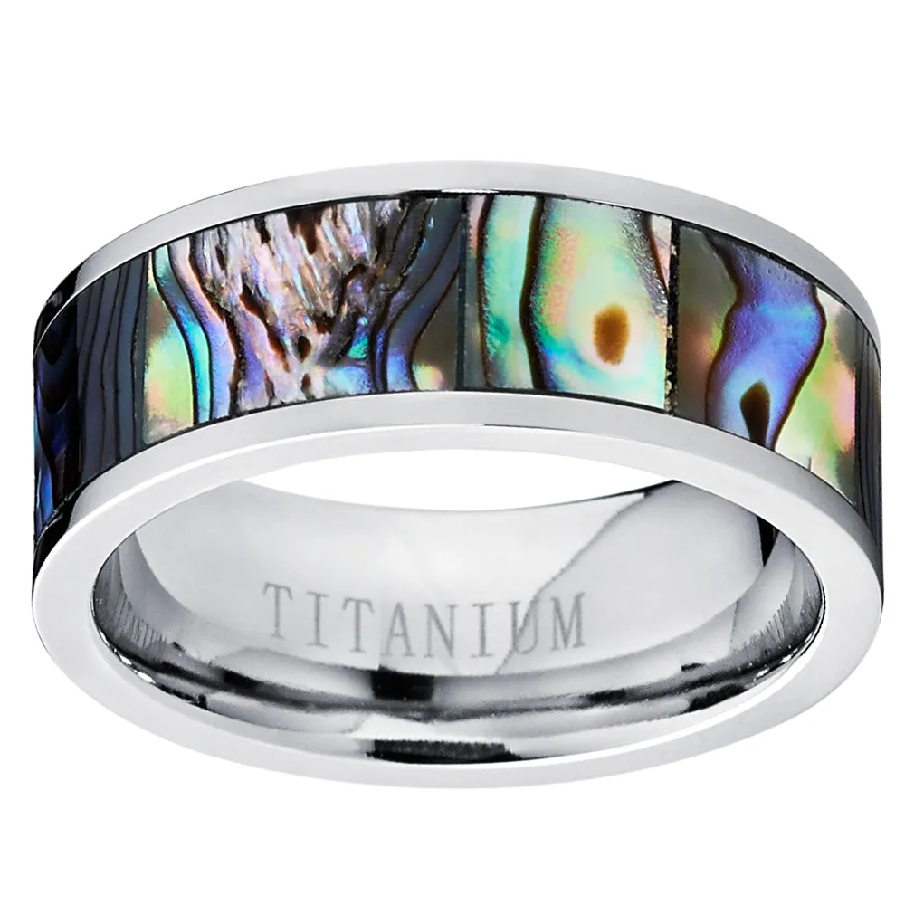 Men's Pipe Cut Titanium Ring Band With Rainbow Rippled Abalone Inlay, Comfort Fit 8mm Sizes 7 to 12