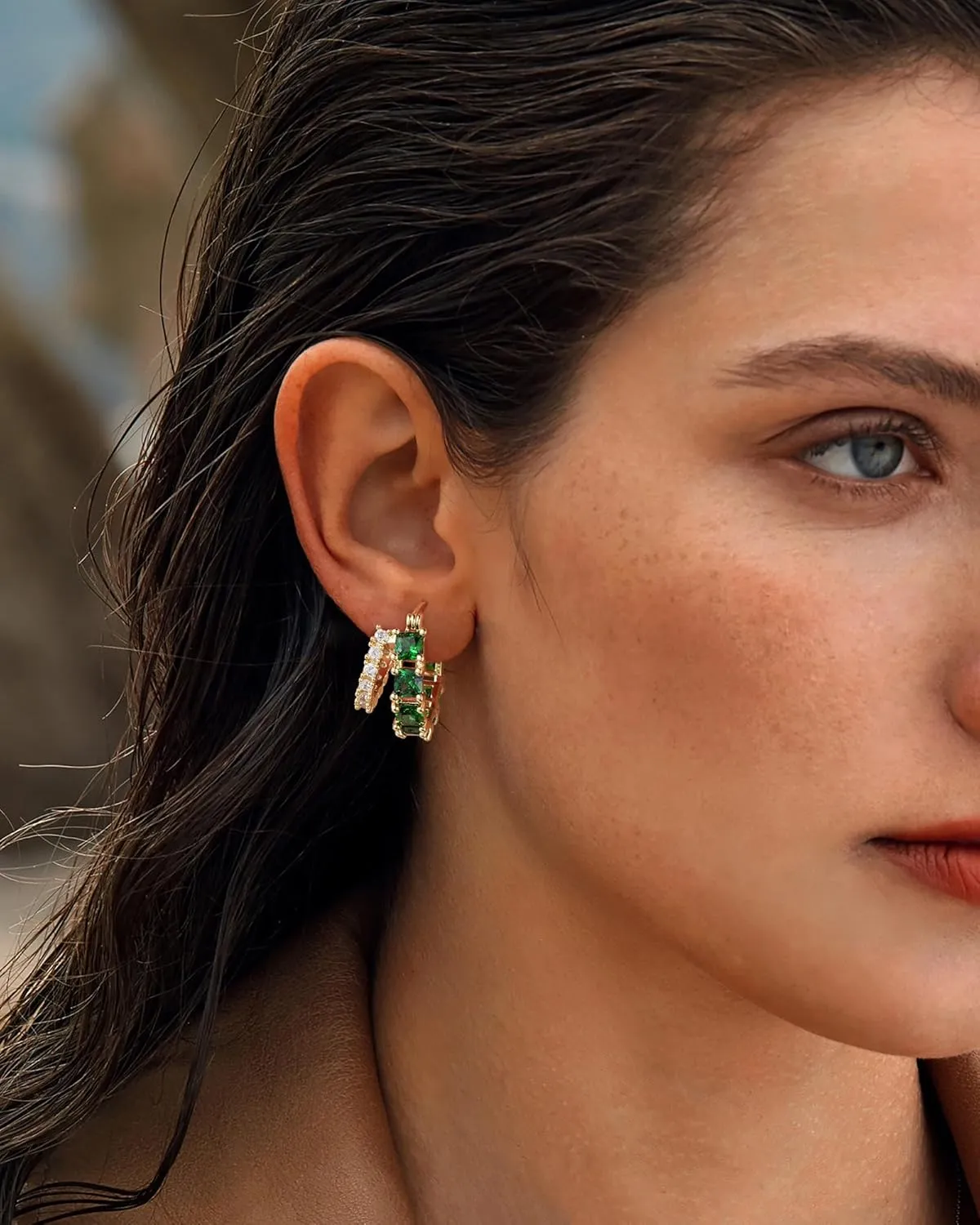 Mesovor Gold Zircon Double Hoop Earrings for Women, 14K Gold Plated Square Colored Cubic Zirconia Hoops Earrings Jewelry Gifts
