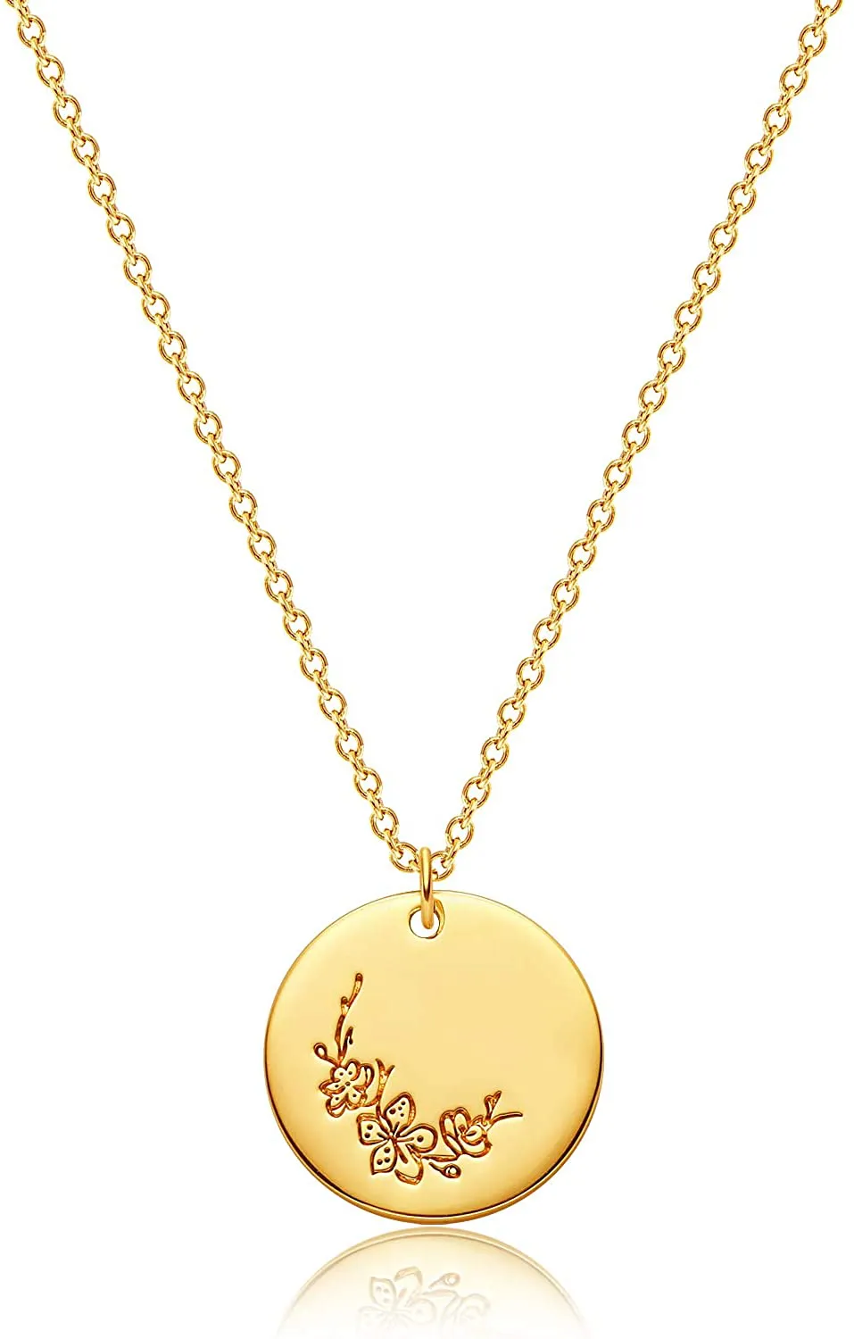MEVECCO Birth Flower Necklace 18K Gold Engraved Custom Floral Pendant Necklaces Dainty Birth Month Flower Disc Charm Hand Stamped Flower Disk Necklace Personalized Jewelry Birthday Gift for Her