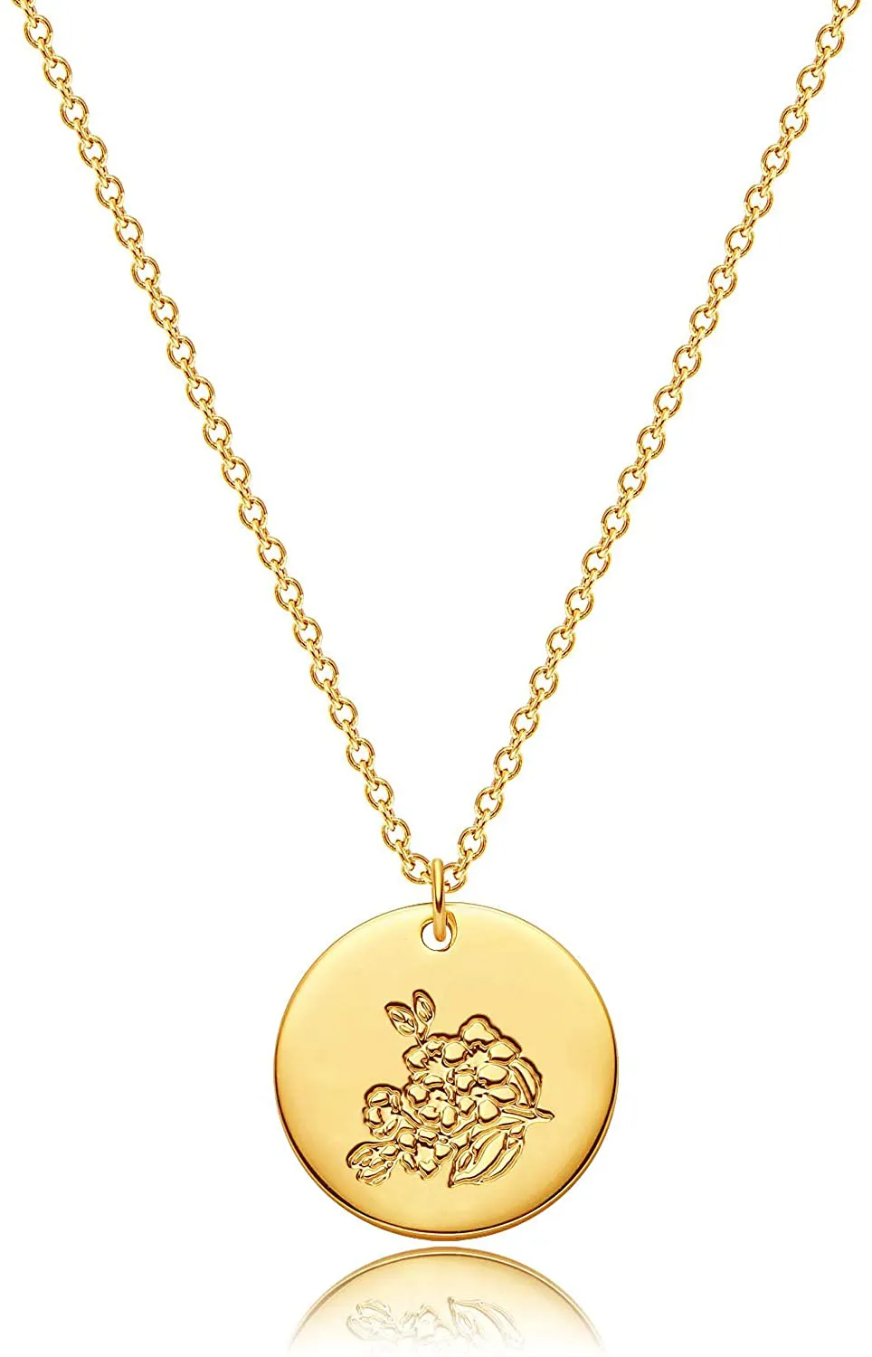 MEVECCO Birth Flower Necklace 18K Gold Engraved Custom Floral Pendant Necklaces Dainty Birth Month Flower Disc Charm Hand Stamped Flower Disk Necklace Personalized Jewelry Birthday Gift for Her