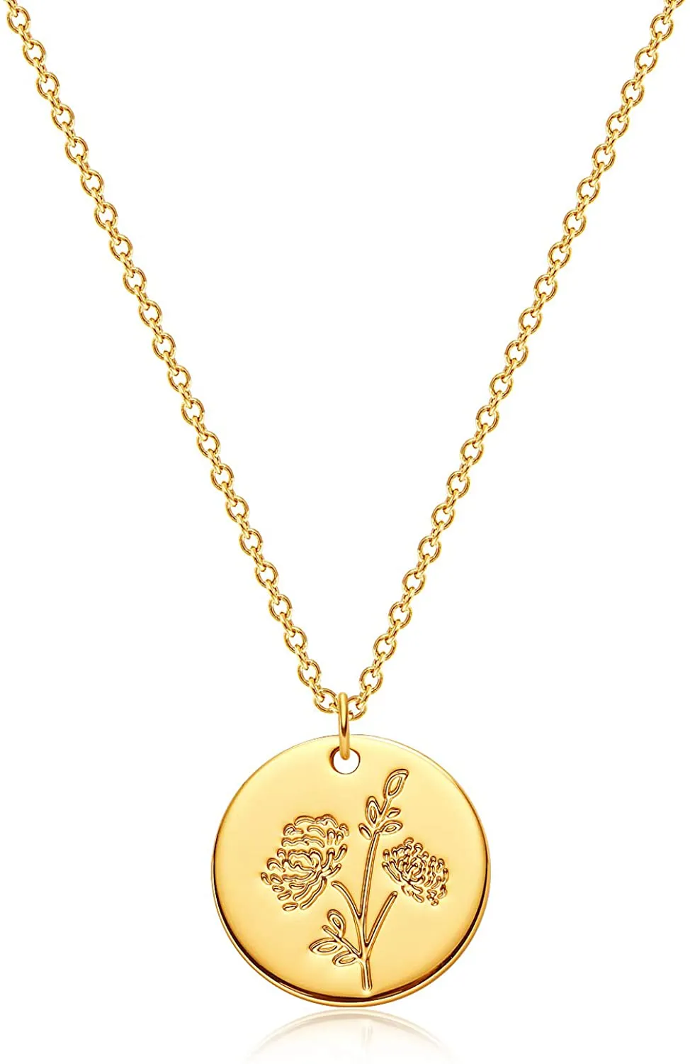 MEVECCO Birth Flower Necklace 18K Gold Engraved Custom Floral Pendant Necklaces Dainty Birth Month Flower Disc Charm Hand Stamped Flower Disk Necklace Personalized Jewelry Birthday Gift for Her