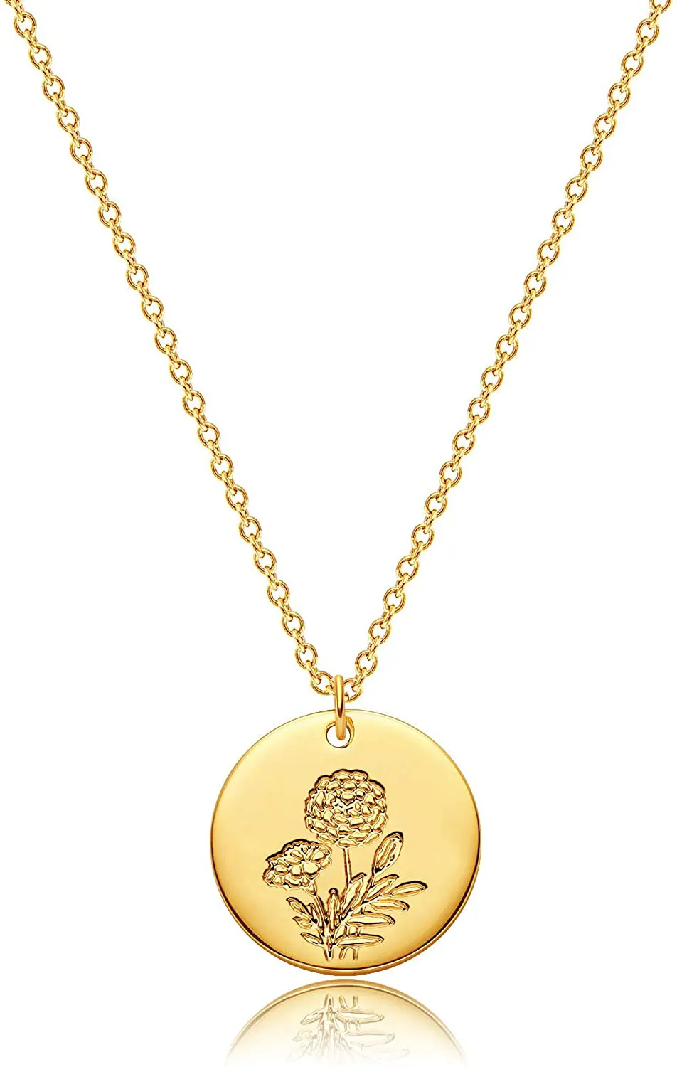 MEVECCO Birth Flower Necklace 18K Gold Engraved Custom Floral Pendant Necklaces Dainty Birth Month Flower Disc Charm Hand Stamped Flower Disk Necklace Personalized Jewelry Birthday Gift for Her