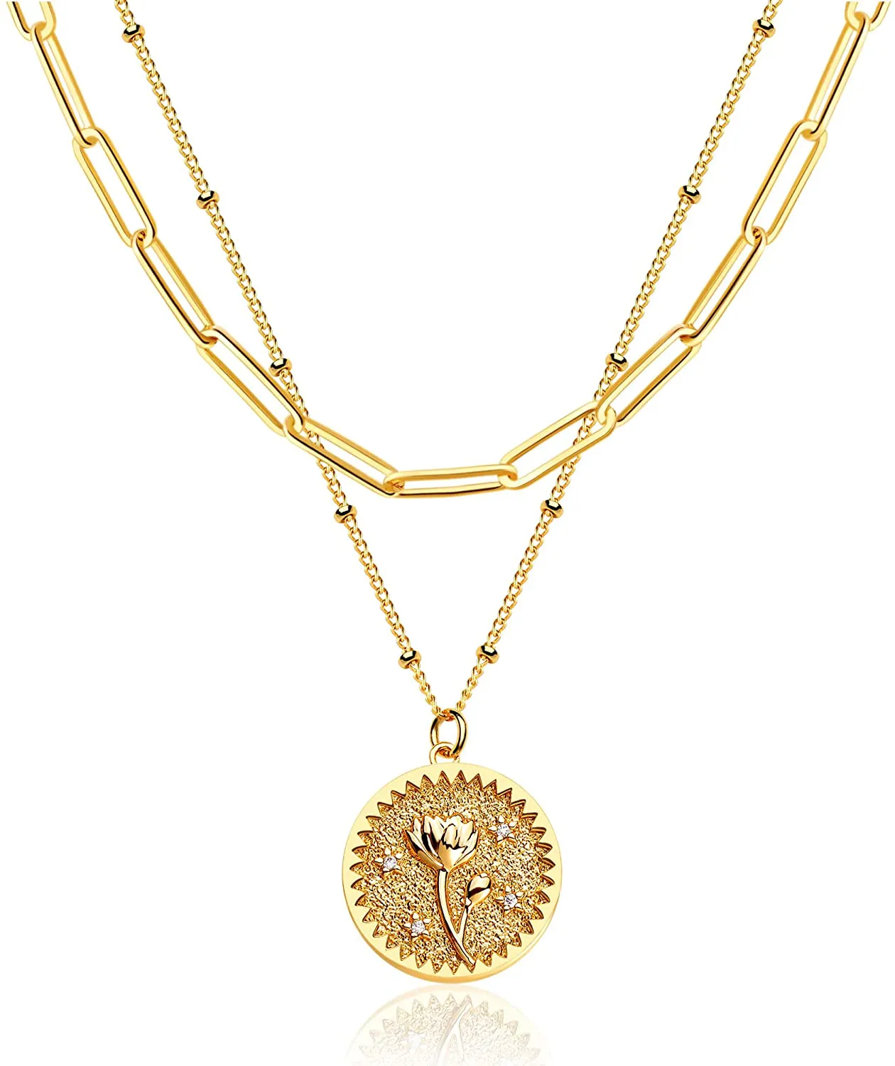 MEVECCO Birth Flower Necklace 18K Gold Engraved Custom Floral Pendant Necklaces Dainty Birth Month Flower Disc Charm Hand Stamped Flower Disk Necklace Personalized Jewelry Birthday Gift for Her