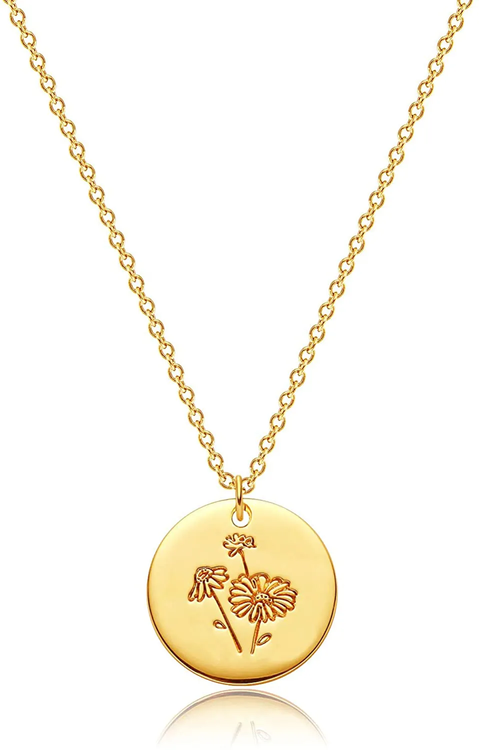 MEVECCO Birth Flower Necklace 18K Gold Engraved Custom Floral Pendant Necklaces Dainty Birth Month Flower Disc Charm Hand Stamped Flower Disk Necklace Personalized Jewelry Birthday Gift for Her