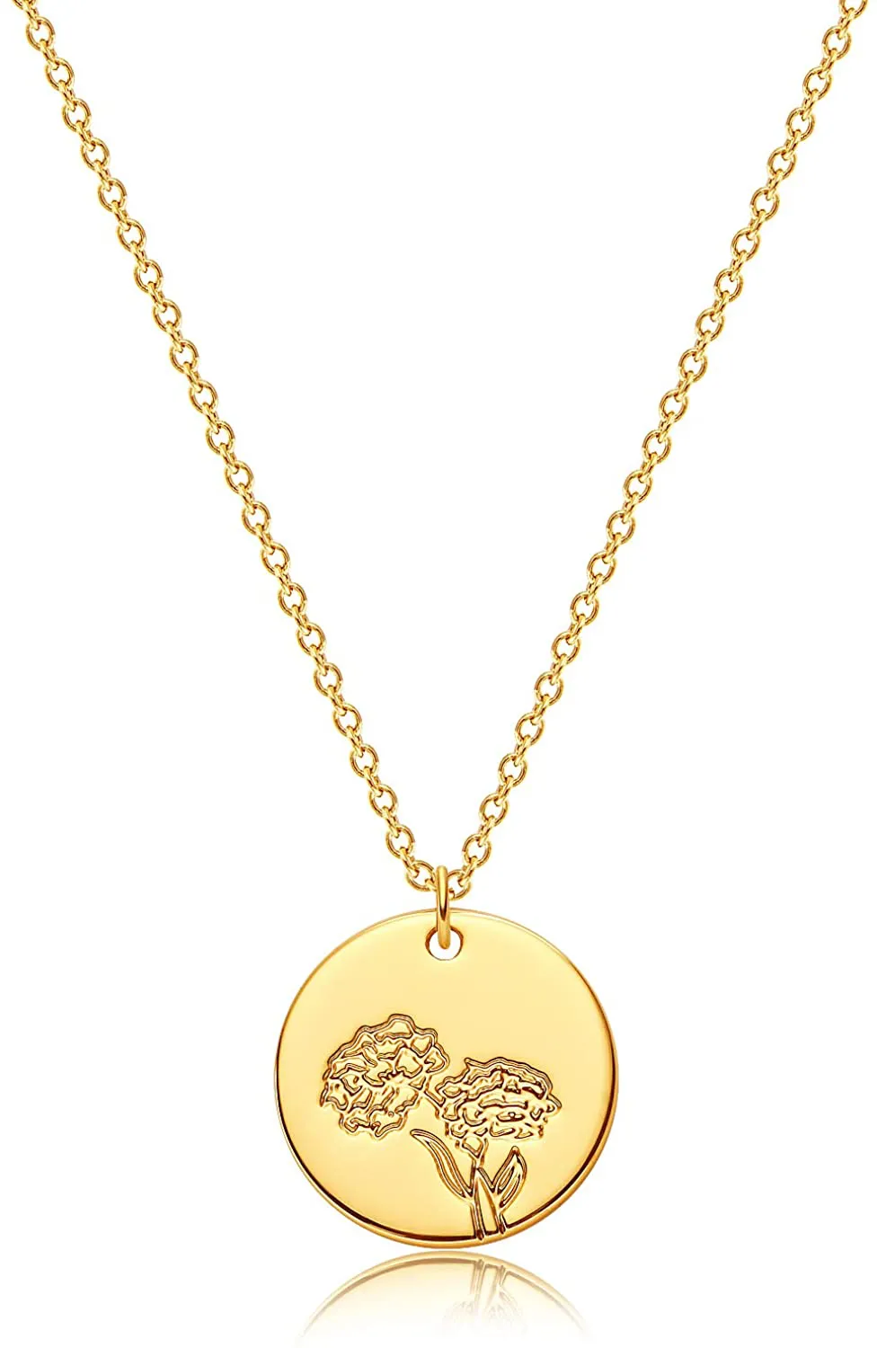 MEVECCO Birth Flower Necklace 18K Gold Engraved Custom Floral Pendant Necklaces Dainty Birth Month Flower Disc Charm Hand Stamped Flower Disk Necklace Personalized Jewelry Birthday Gift for Her