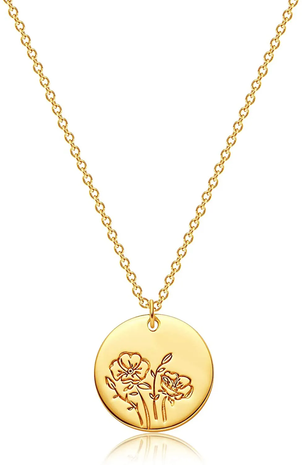 MEVECCO Birth Flower Necklace 18K Gold Engraved Custom Floral Pendant Necklaces Dainty Birth Month Flower Disc Charm Hand Stamped Flower Disk Necklace Personalized Jewelry Birthday Gift for Her