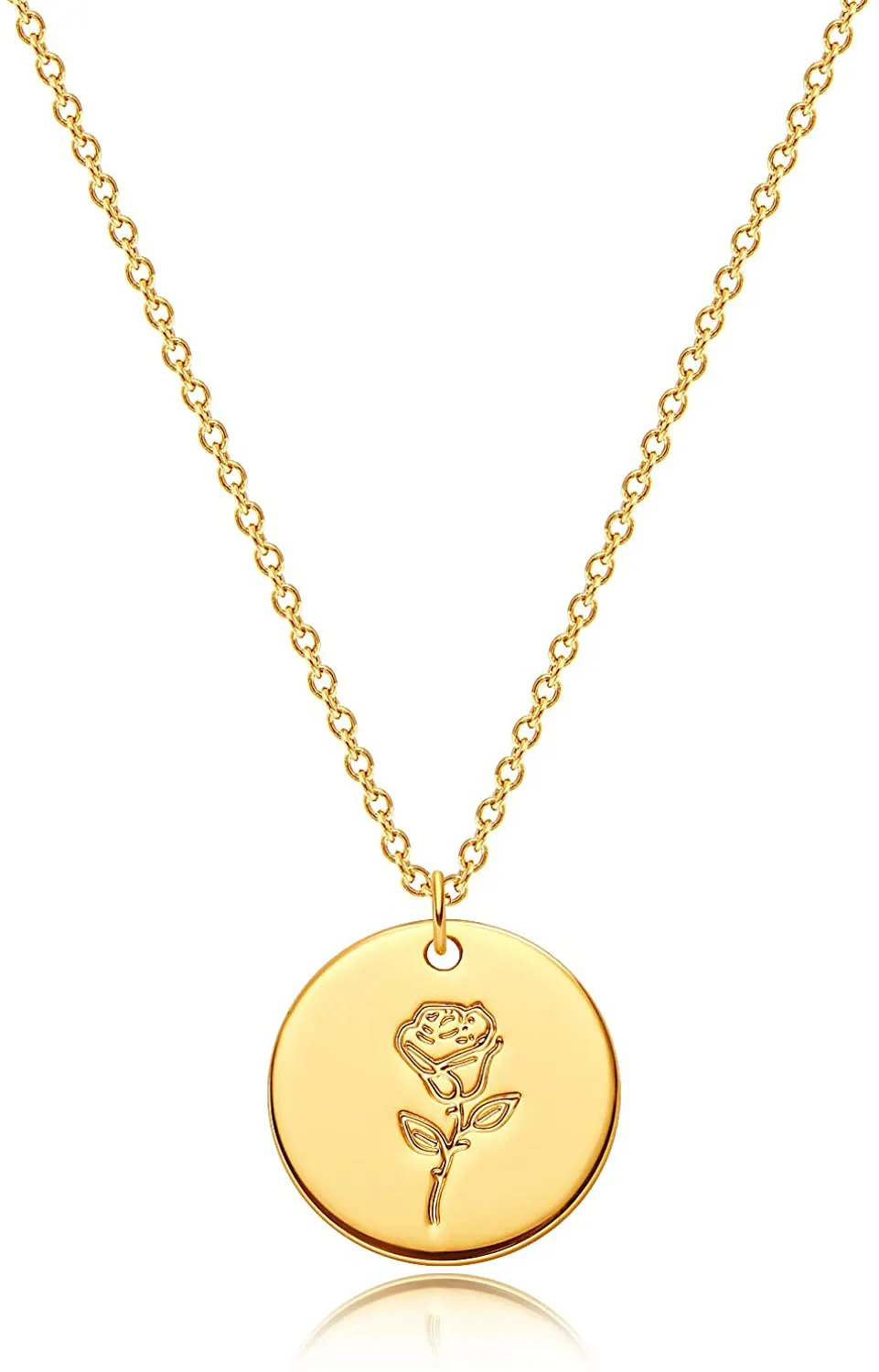 MEVECCO Birth Flower Necklace 18K Gold Engraved Custom Floral Pendant Necklaces Dainty Birth Month Flower Disc Charm Hand Stamped Flower Disk Necklace Personalized Jewelry Birthday Gift for Her