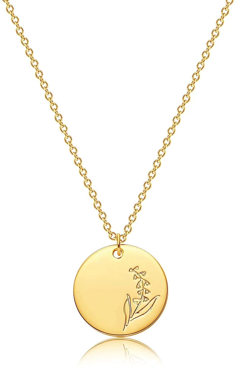MEVECCO Birth Flower Necklace 18K Gold Engraved Custom Floral Pendant Necklaces Dainty Birth Month Flower Disc Charm Hand Stamped Flower Disk Necklace Personalized Jewelry Birthday Gift for Her