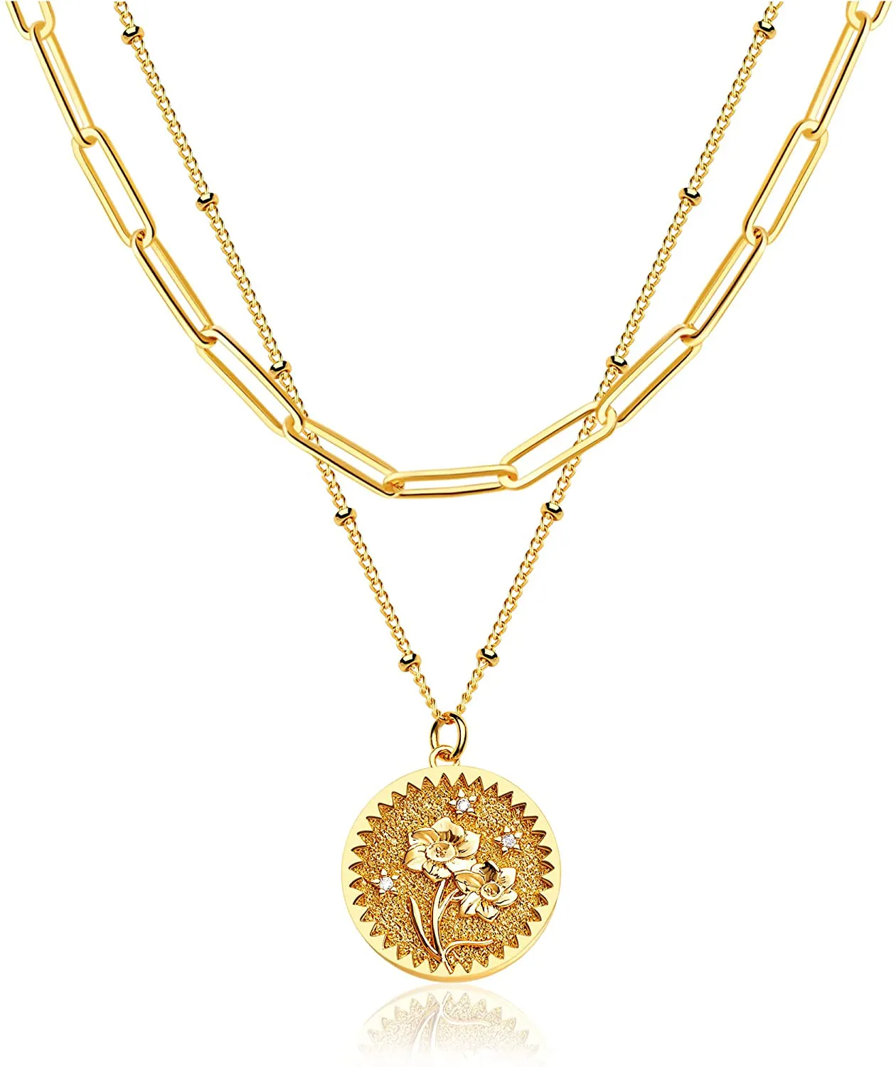 MEVECCO Birth Flower Necklace 18K Gold Engraved Custom Floral Pendant Necklaces Dainty Birth Month Flower Disc Charm Hand Stamped Flower Disk Necklace Personalized Jewelry Birthday Gift for Her