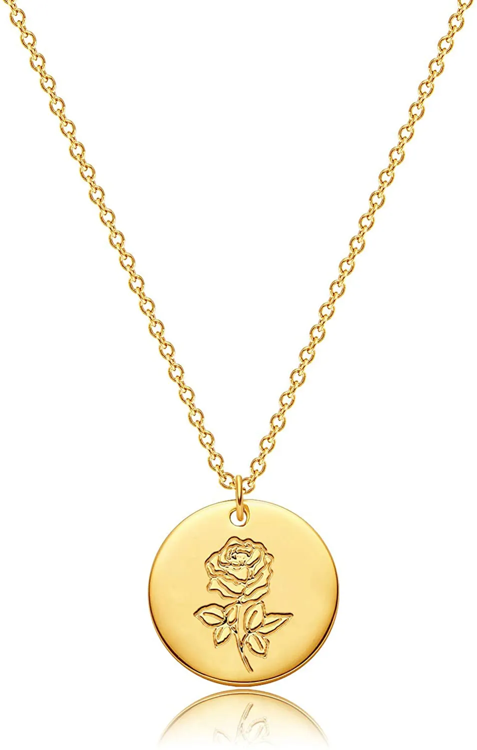 MEVECCO Birth Flower Necklace 18K Gold Engraved Custom Floral Pendant Necklaces Dainty Birth Month Flower Disc Charm Hand Stamped Flower Disk Necklace Personalized Jewelry Birthday Gift for Her