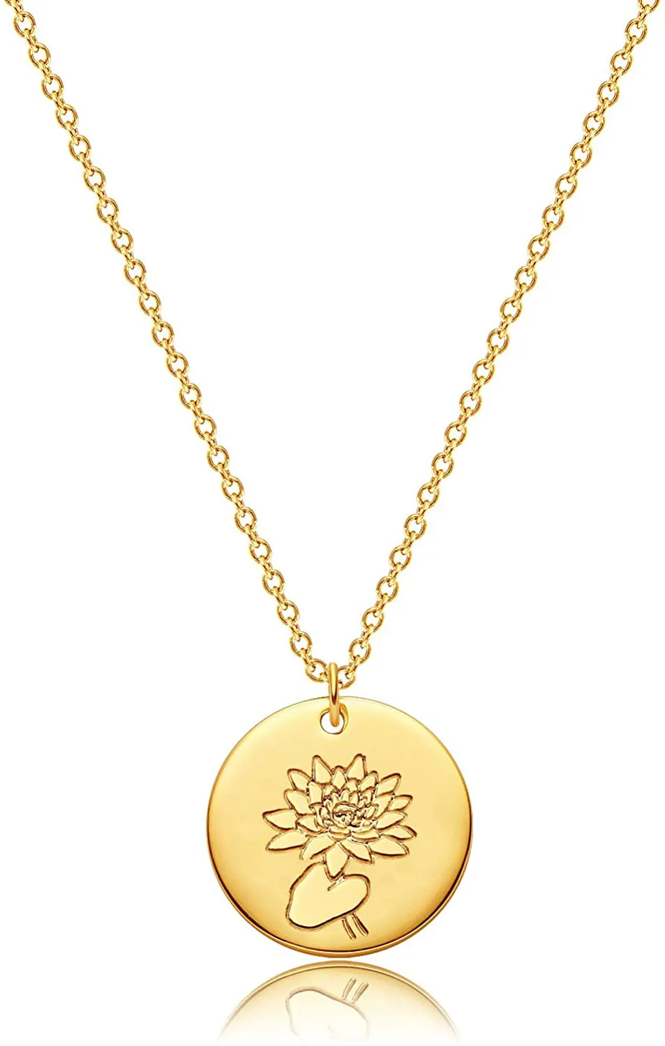 MEVECCO Birth Flower Necklace 18K Gold Engraved Custom Floral Pendant Necklaces Dainty Birth Month Flower Disc Charm Hand Stamped Flower Disk Necklace Personalized Jewelry Birthday Gift for Her