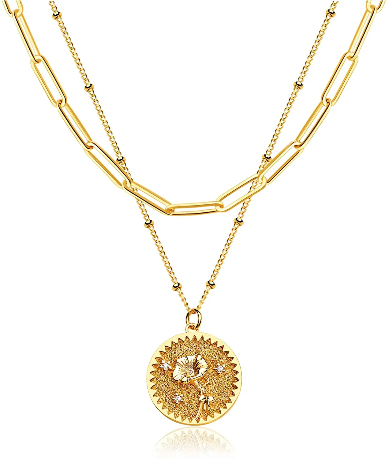 MEVECCO Birth Flower Necklace 18K Gold Engraved Custom Floral Pendant Necklaces Dainty Birth Month Flower Disc Charm Hand Stamped Flower Disk Necklace Personalized Jewelry Birthday Gift for Her