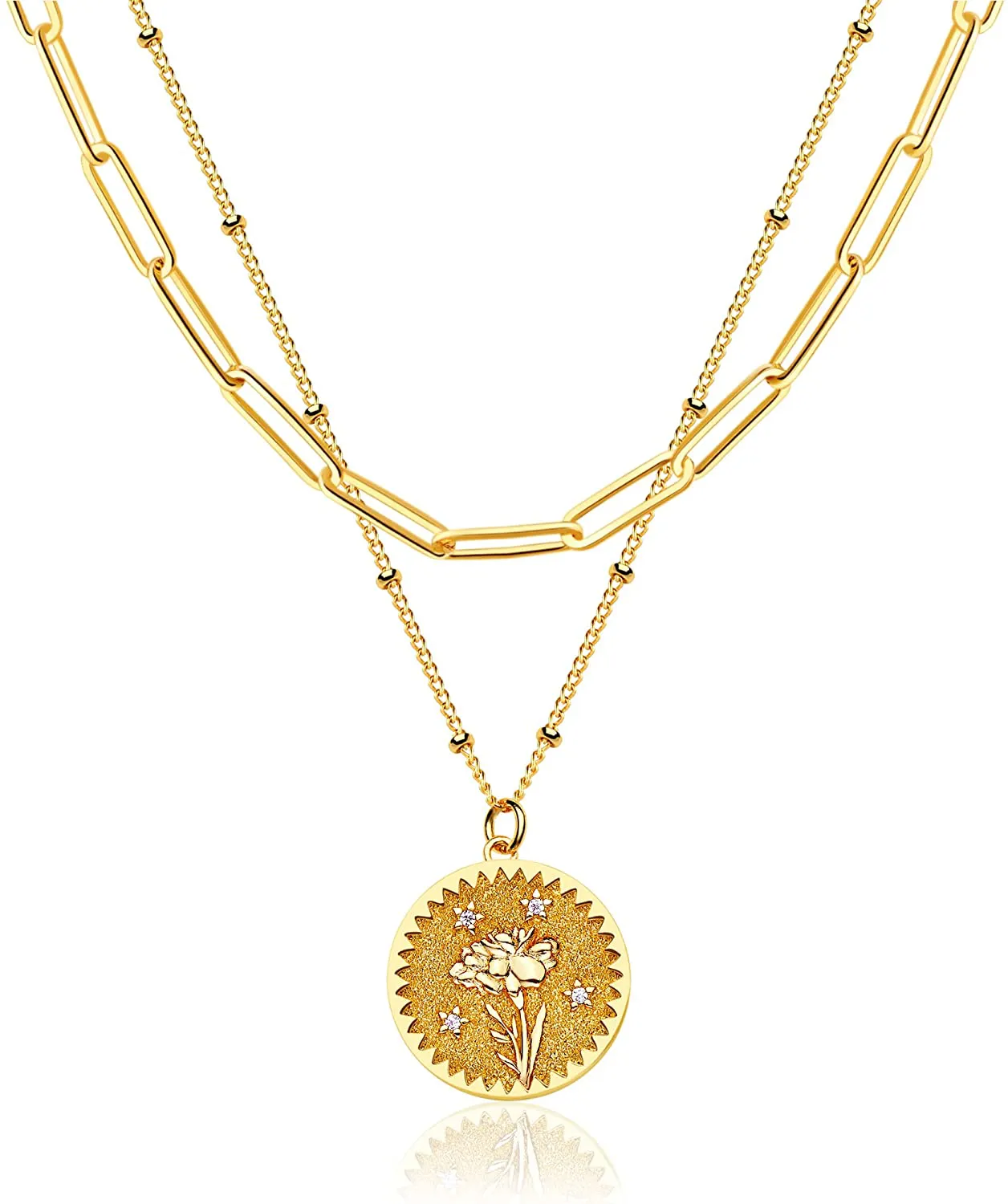 MEVECCO Birth Flower Necklace 18K Gold Engraved Custom Floral Pendant Necklaces Dainty Birth Month Flower Disc Charm Hand Stamped Flower Disk Necklace Personalized Jewelry Birthday Gift for Her