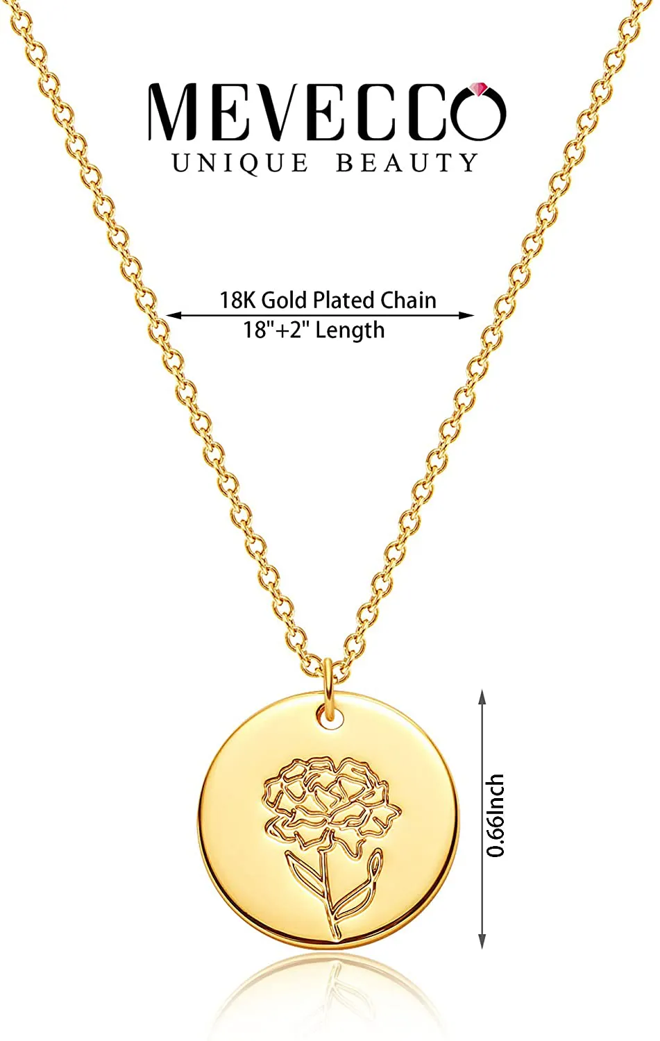 MEVECCO Birth Flower Necklace 18K Gold Engraved Custom Floral Pendant Necklaces Dainty Birth Month Flower Disc Charm Hand Stamped Flower Disk Necklace Personalized Jewelry Birthday Gift for Her