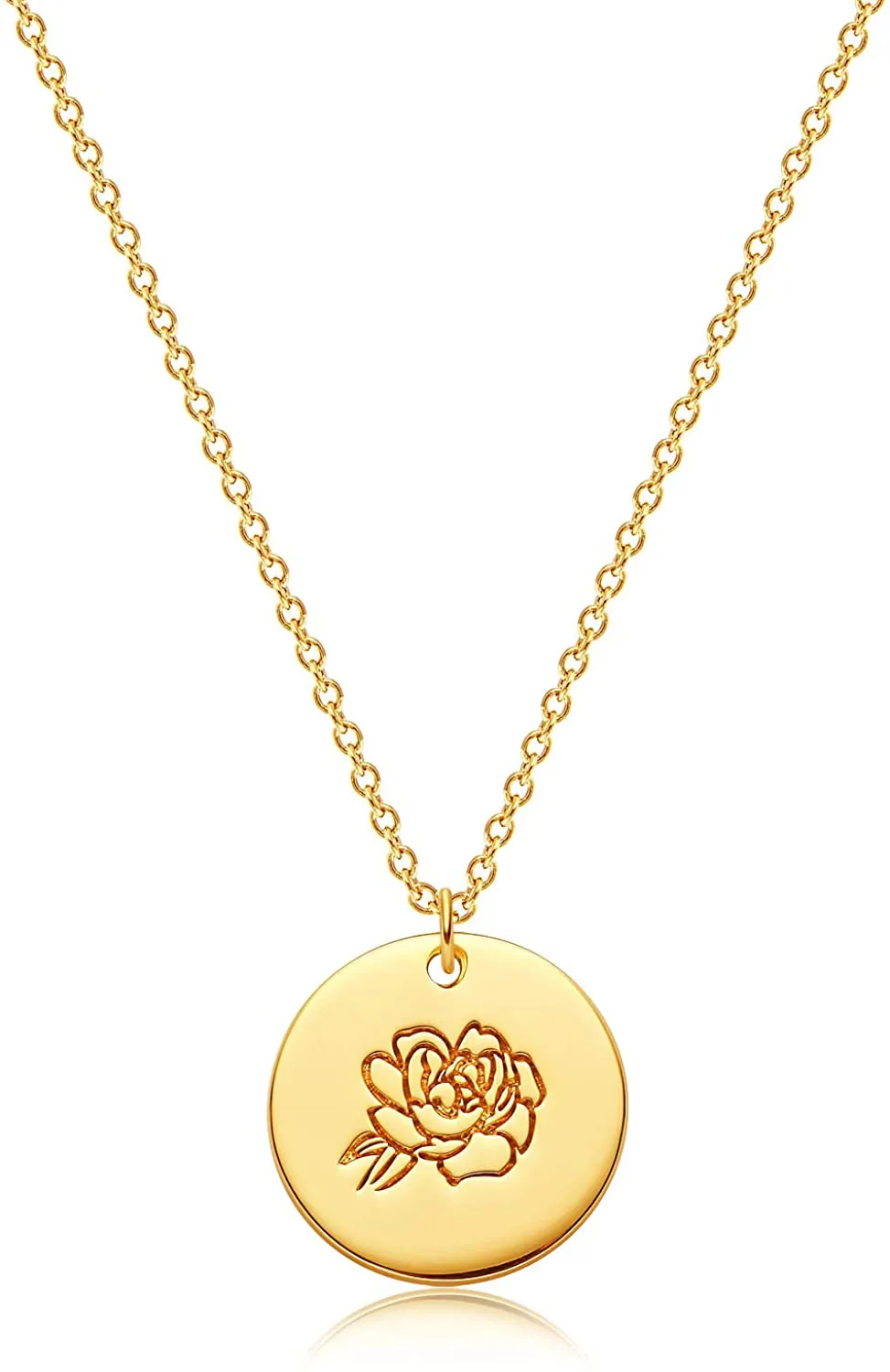MEVECCO Birth Flower Necklace 18K Gold Engraved Custom Floral Pendant Necklaces Dainty Birth Month Flower Disc Charm Hand Stamped Flower Disk Necklace Personalized Jewelry Birthday Gift for Her
