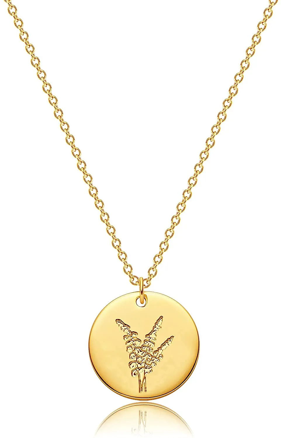 MEVECCO Birth Flower Necklace 18K Gold Engraved Custom Floral Pendant Necklaces Dainty Birth Month Flower Disc Charm Hand Stamped Flower Disk Necklace Personalized Jewelry Birthday Gift for Her
