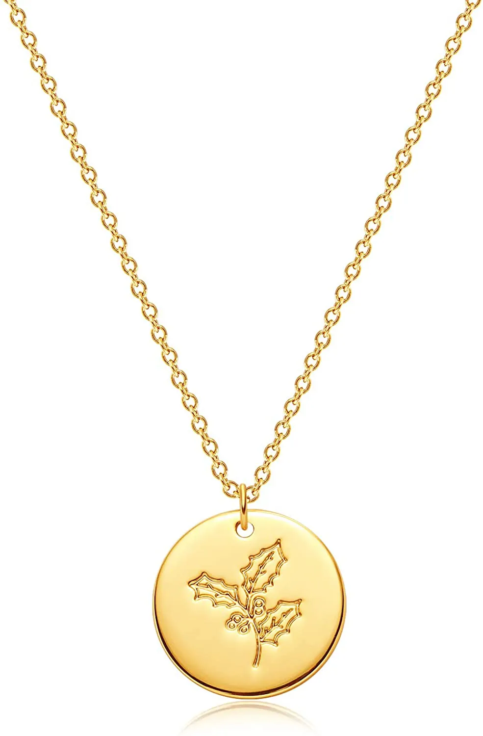 MEVECCO Birth Flower Necklace 18K Gold Engraved Custom Floral Pendant Necklaces Dainty Birth Month Flower Disc Charm Hand Stamped Flower Disk Necklace Personalized Jewelry Birthday Gift for Her