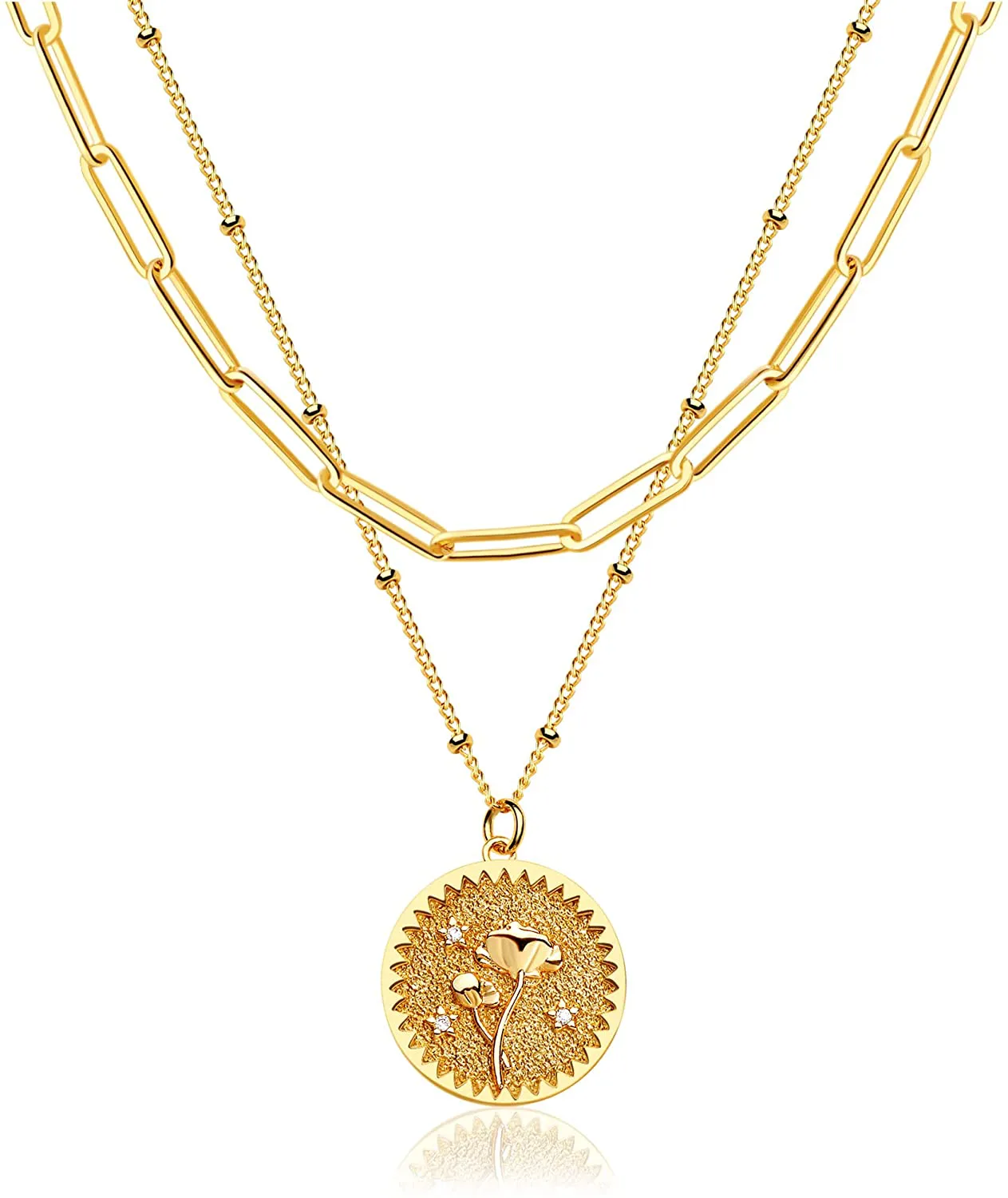 MEVECCO Birth Flower Necklace 18K Gold Engraved Custom Floral Pendant Necklaces Dainty Birth Month Flower Disc Charm Hand Stamped Flower Disk Necklace Personalized Jewelry Birthday Gift for Her