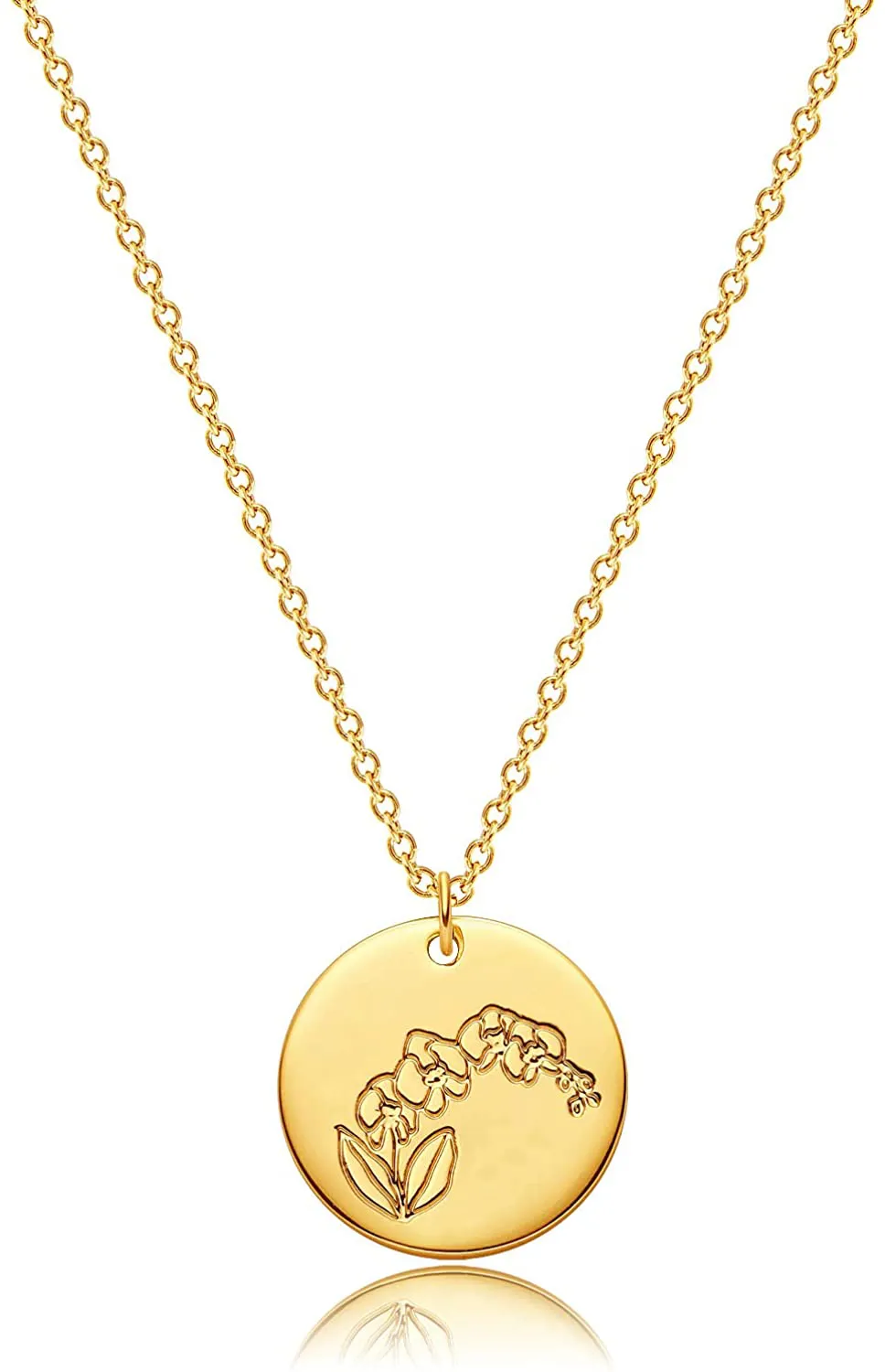 MEVECCO Birth Flower Necklace 18K Gold Engraved Custom Floral Pendant Necklaces Dainty Birth Month Flower Disc Charm Hand Stamped Flower Disk Necklace Personalized Jewelry Birthday Gift for Her