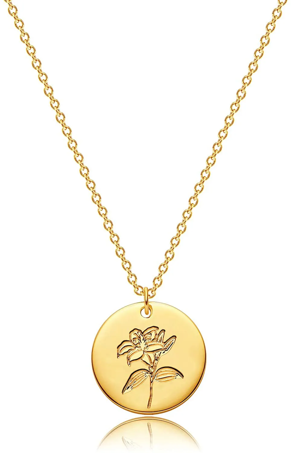 MEVECCO Birth Flower Necklace 18K Gold Engraved Custom Floral Pendant Necklaces Dainty Birth Month Flower Disc Charm Hand Stamped Flower Disk Necklace Personalized Jewelry Birthday Gift for Her