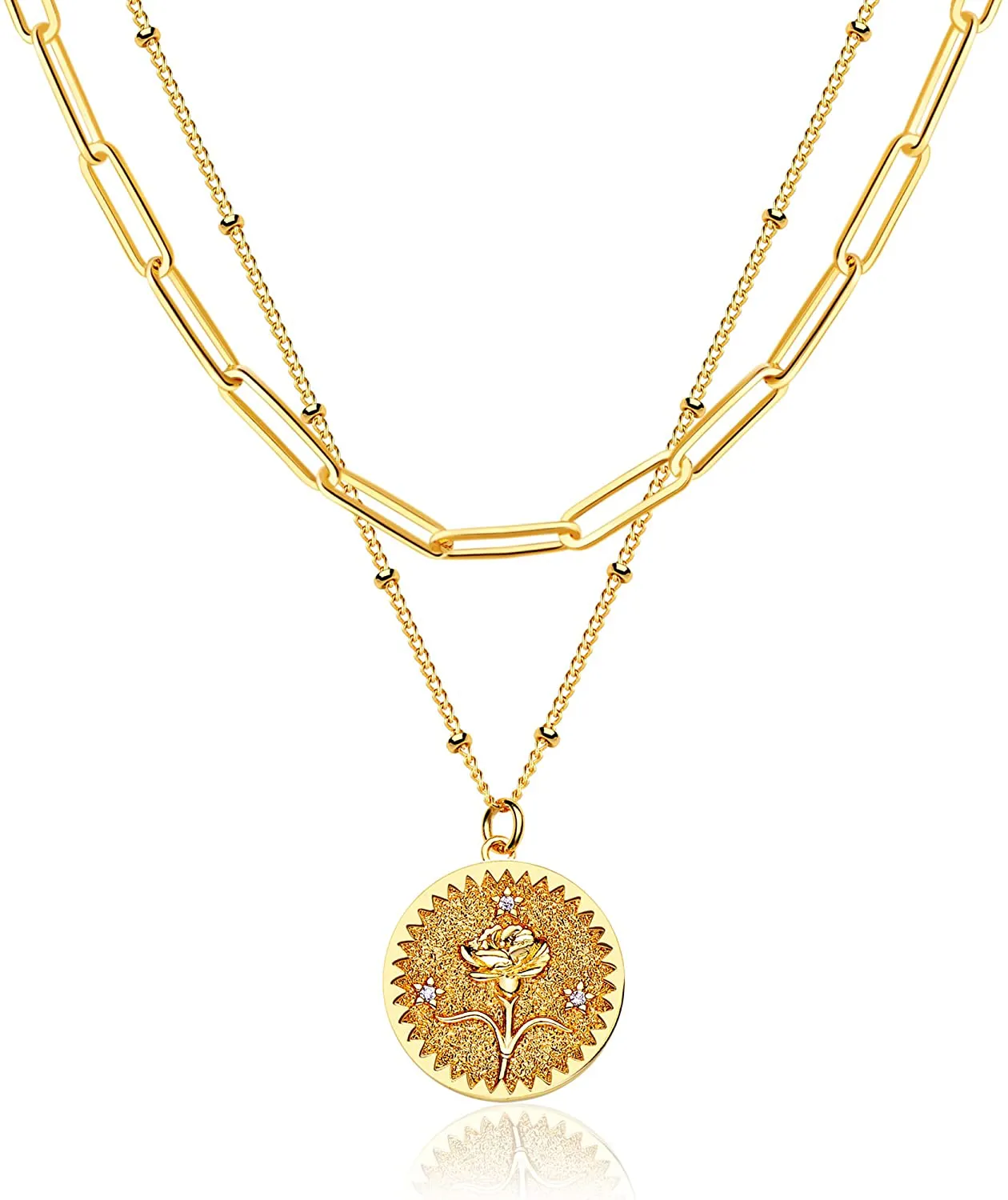 MEVECCO Birth Flower Necklace 18K Gold Engraved Custom Floral Pendant Necklaces Dainty Birth Month Flower Disc Charm Hand Stamped Flower Disk Necklace Personalized Jewelry Birthday Gift for Her