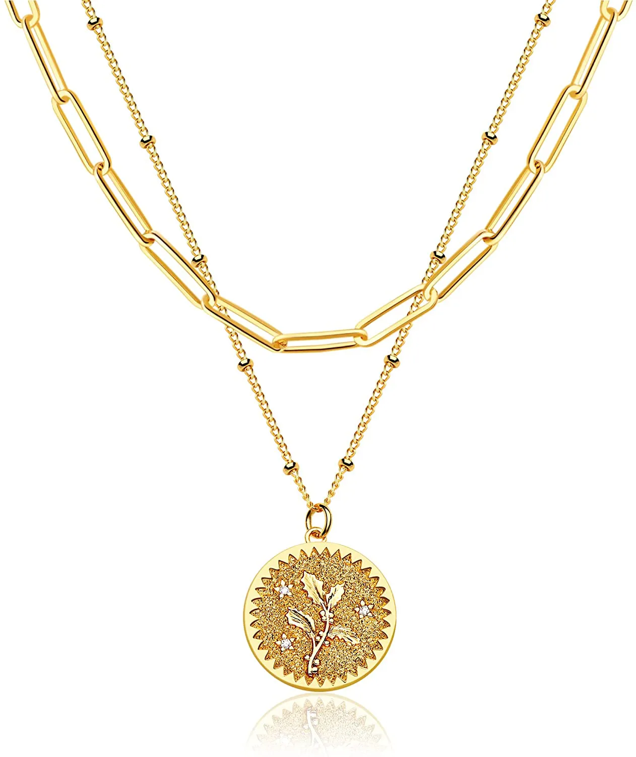 MEVECCO Birth Flower Necklace 18K Gold Engraved Custom Floral Pendant Necklaces Dainty Birth Month Flower Disc Charm Hand Stamped Flower Disk Necklace Personalized Jewelry Birthday Gift for Her