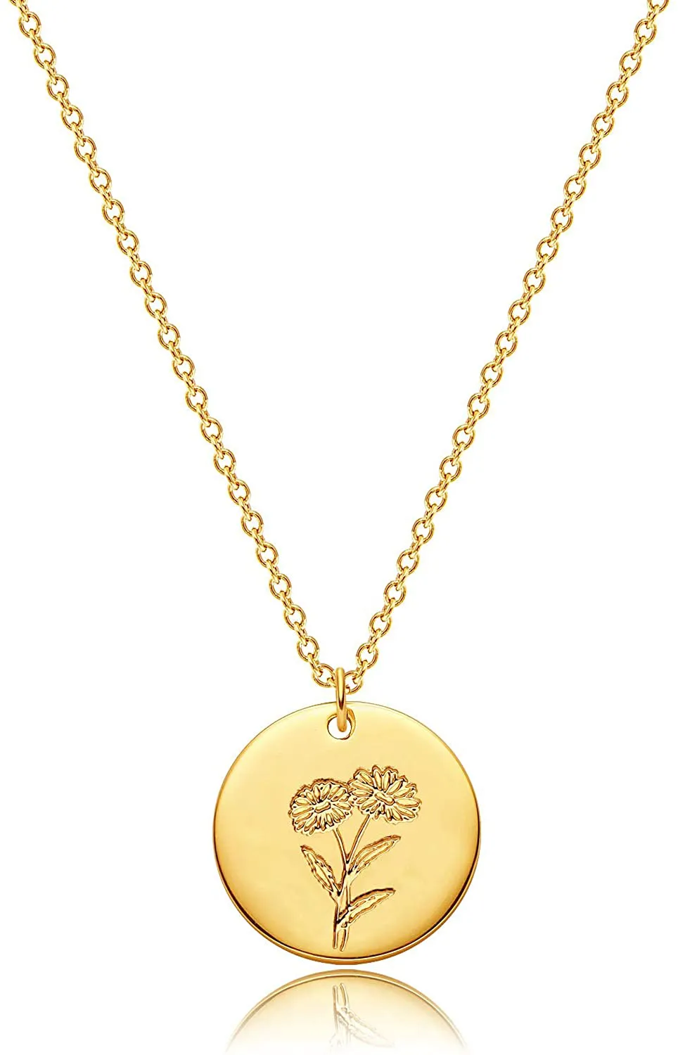 MEVECCO Birth Flower Necklace 18K Gold Engraved Custom Floral Pendant Necklaces Dainty Birth Month Flower Disc Charm Hand Stamped Flower Disk Necklace Personalized Jewelry Birthday Gift for Her