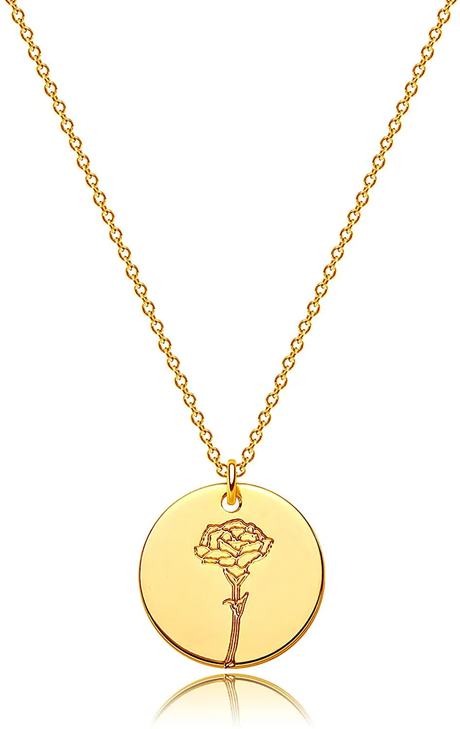 MEVECCO Birth Flower Necklace 18K Gold Engraved Custom Floral Pendant Necklaces Dainty Birth Month Flower Disc Charm Hand Stamped Flower Disk Necklace Personalized Jewelry Birthday Gift for Her
