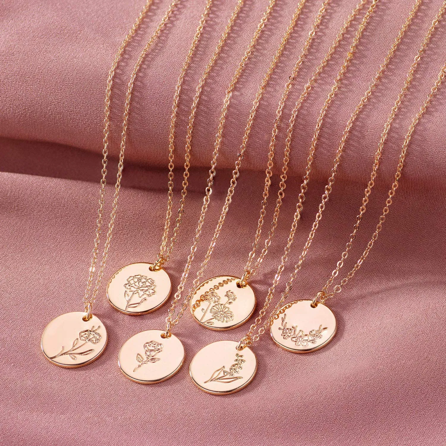 MEVECCO Birth Flower Necklace 18K Gold Engraved Custom Floral Pendant Necklaces Dainty Birth Month Flower Disc Charm Hand Stamped Flower Disk Necklace Personalized Jewelry Birthday Gift for Her
