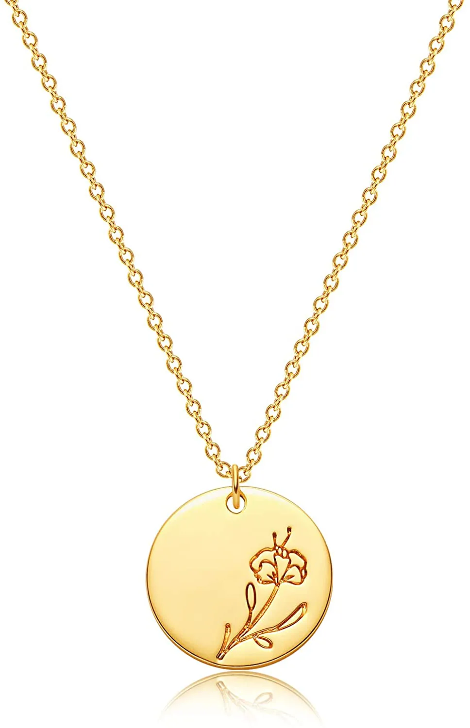 MEVECCO Birth Flower Necklace 18K Gold Engraved Custom Floral Pendant Necklaces Dainty Birth Month Flower Disc Charm Hand Stamped Flower Disk Necklace Personalized Jewelry Birthday Gift for Her