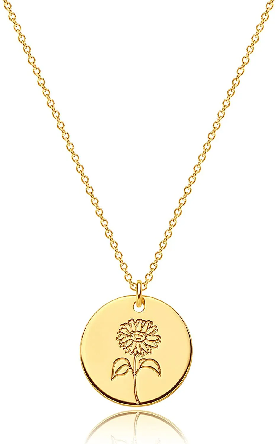 MEVECCO Birth Flower Necklace 18K Gold Engraved Custom Floral Pendant Necklaces Dainty Birth Month Flower Disc Charm Hand Stamped Flower Disk Necklace Personalized Jewelry Birthday Gift for Her