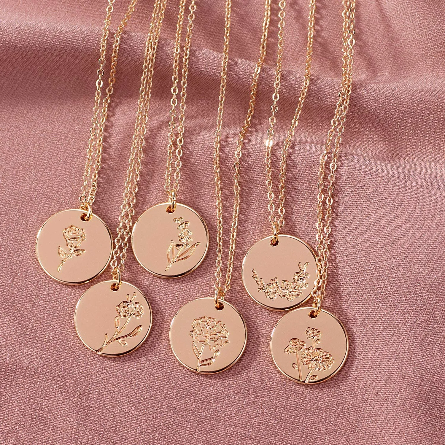MEVECCO Birth Flower Necklace 18K Gold Engraved Custom Floral Pendant Necklaces Dainty Birth Month Flower Disc Charm Hand Stamped Flower Disk Necklace Personalized Jewelry Birthday Gift for Her