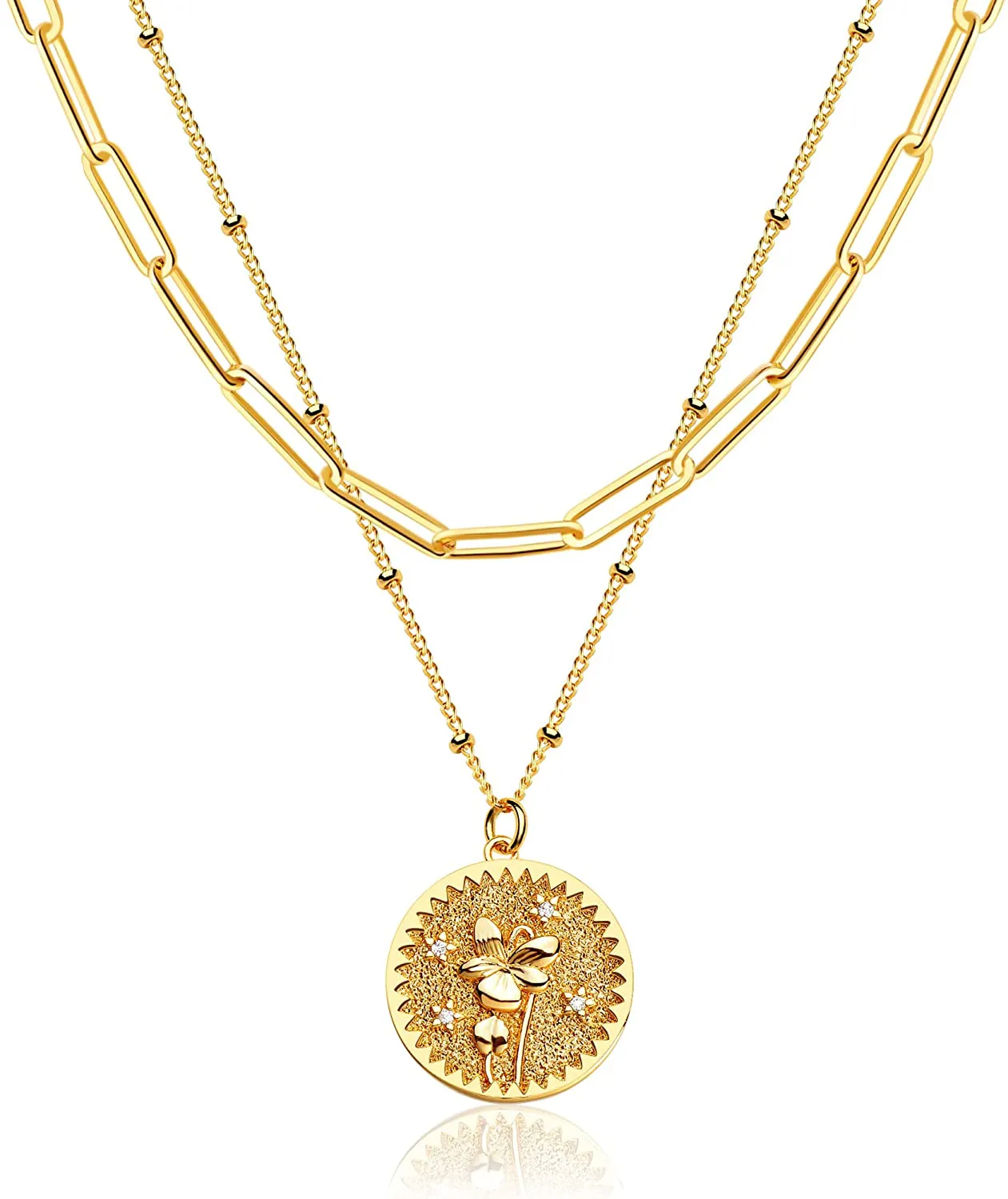MEVECCO Birth Flower Necklace 18K Gold Engraved Custom Floral Pendant Necklaces Dainty Birth Month Flower Disc Charm Hand Stamped Flower Disk Necklace Personalized Jewelry Birthday Gift for Her